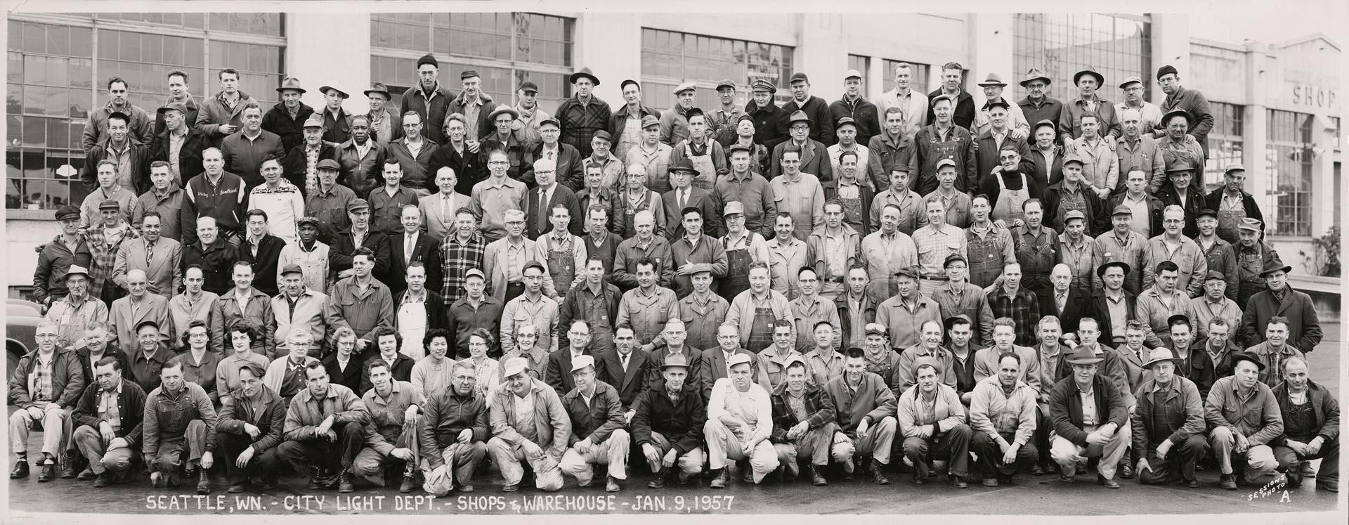Image of Seattle City Light employee group outside building, January 9, 1957