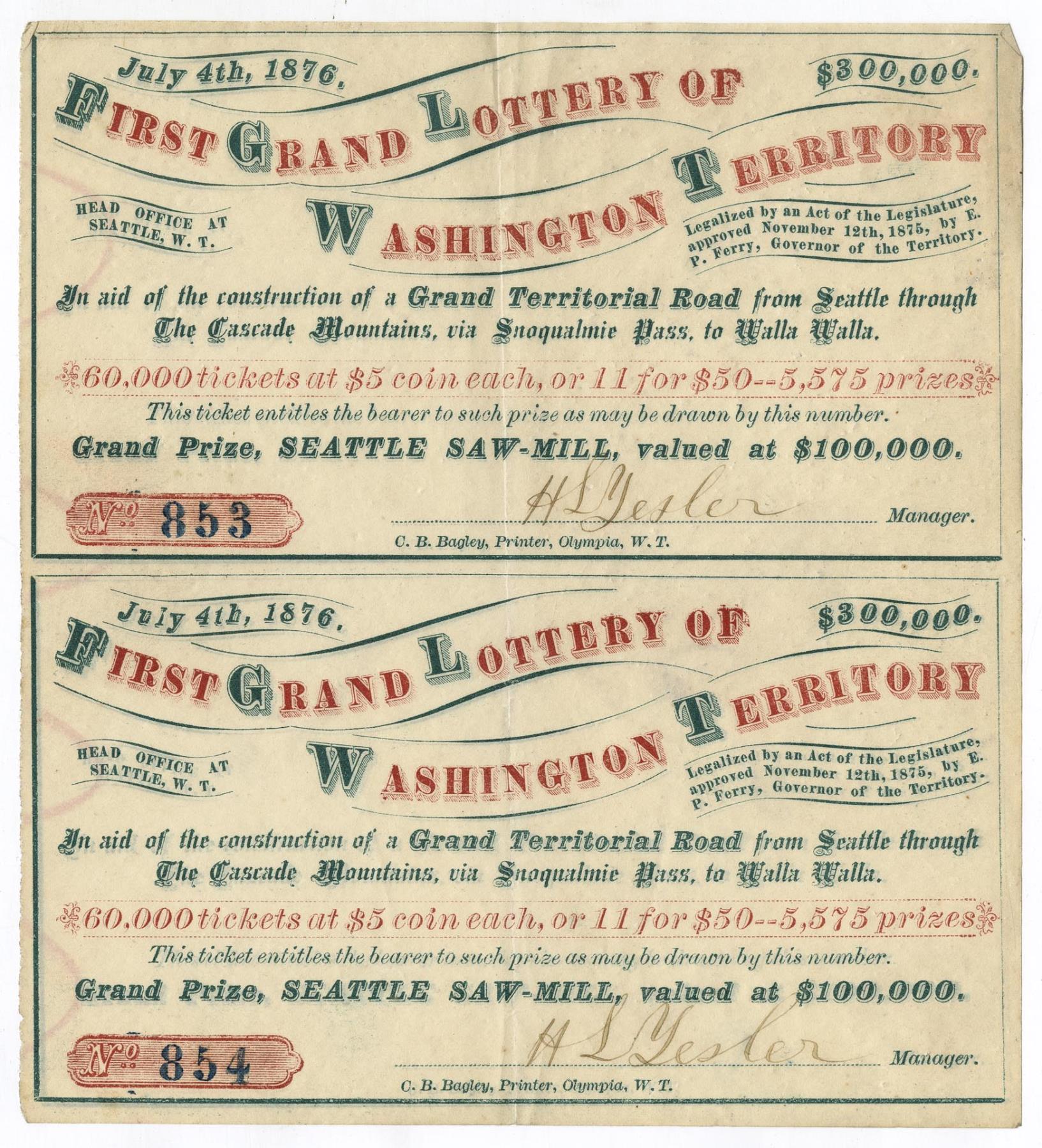 Image of First Grand Lottery of Washington Territory tickets, July 4, 1876
