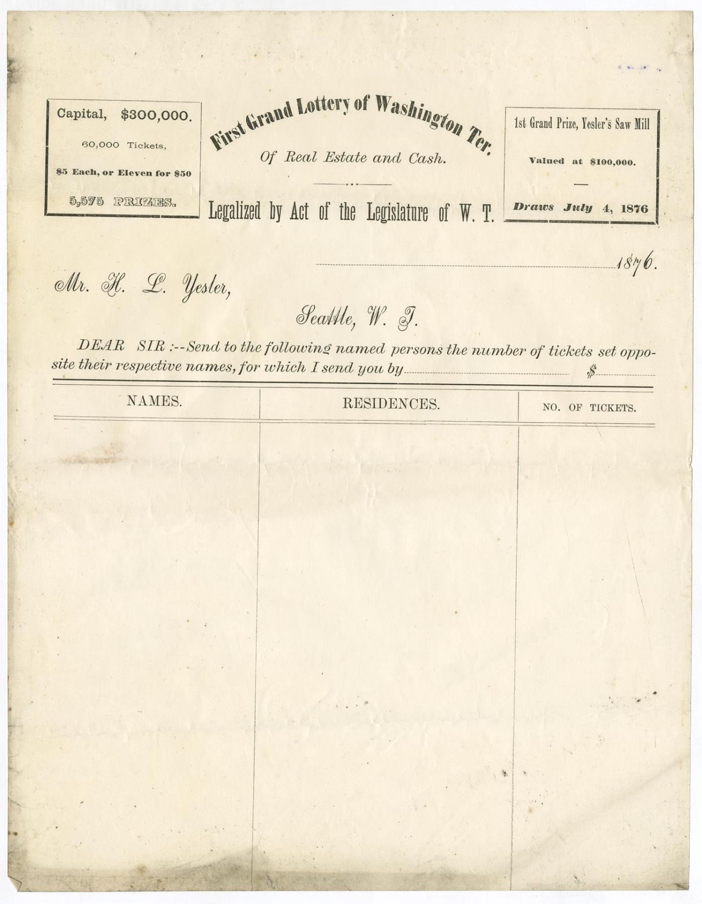 Image of First Grand Lottery of Washington Territory ticket order form, July 4, 1876