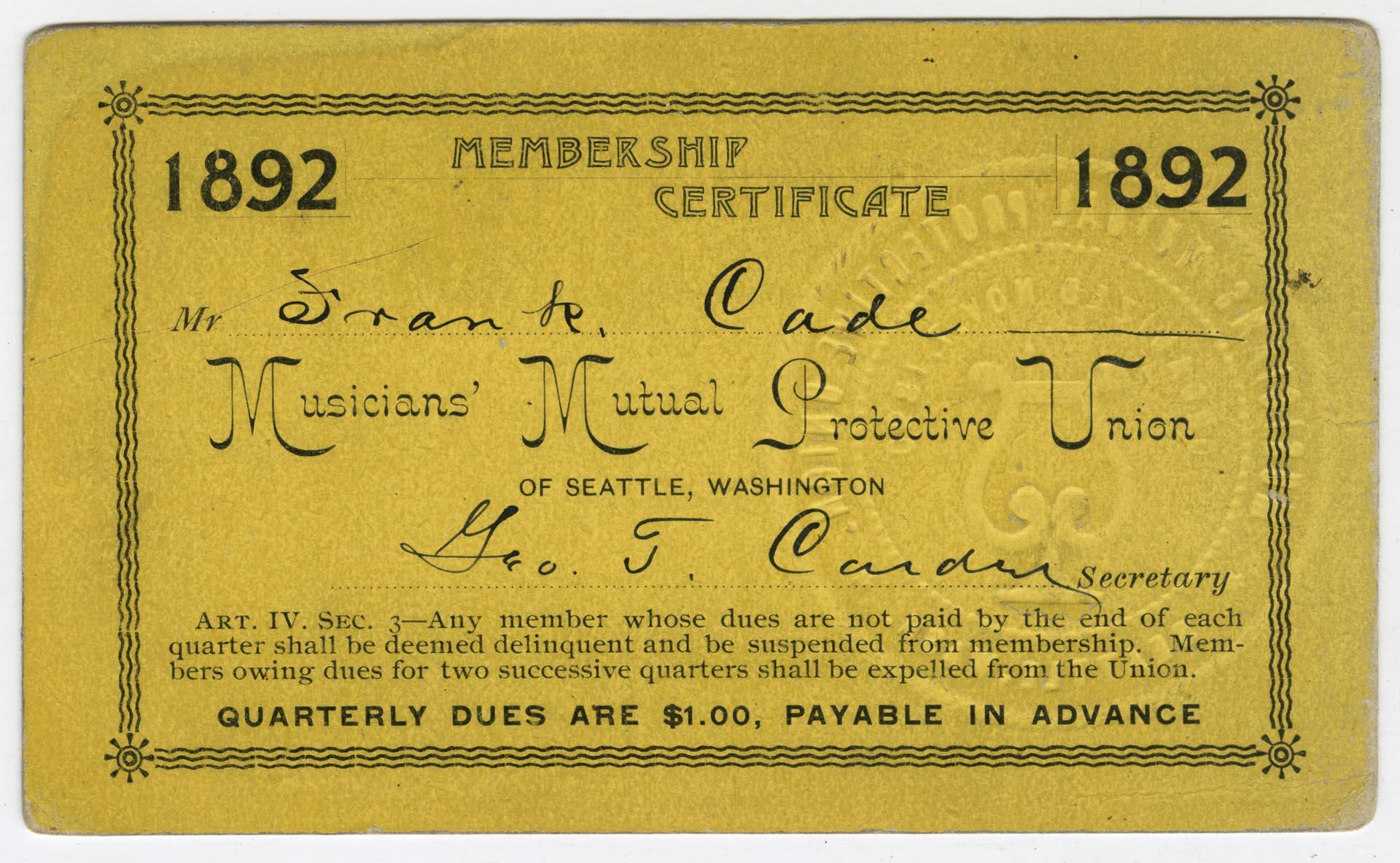 Image of Musicians' Mutual Protective Union of Seattle membership card, June 17, 1892