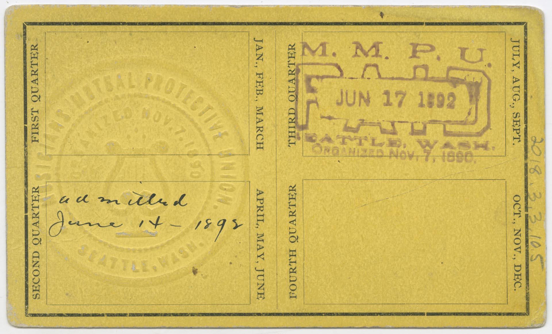 Image of Musicians' Mutual Protective Union of Seattle membership card, June 17, 1892