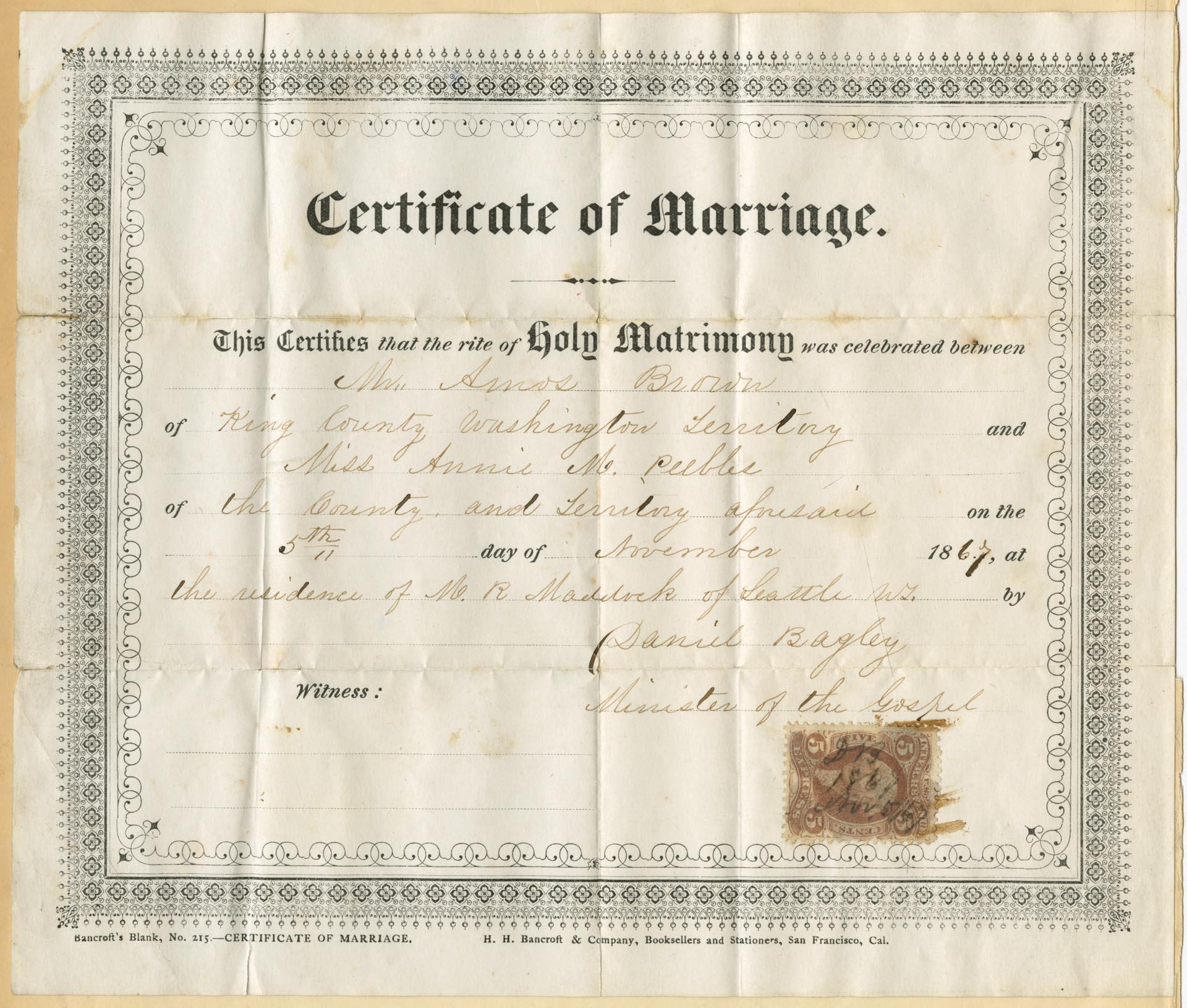 Image of Marriage certificate of Amos Brown and Annie Peebles, November 5, 1867