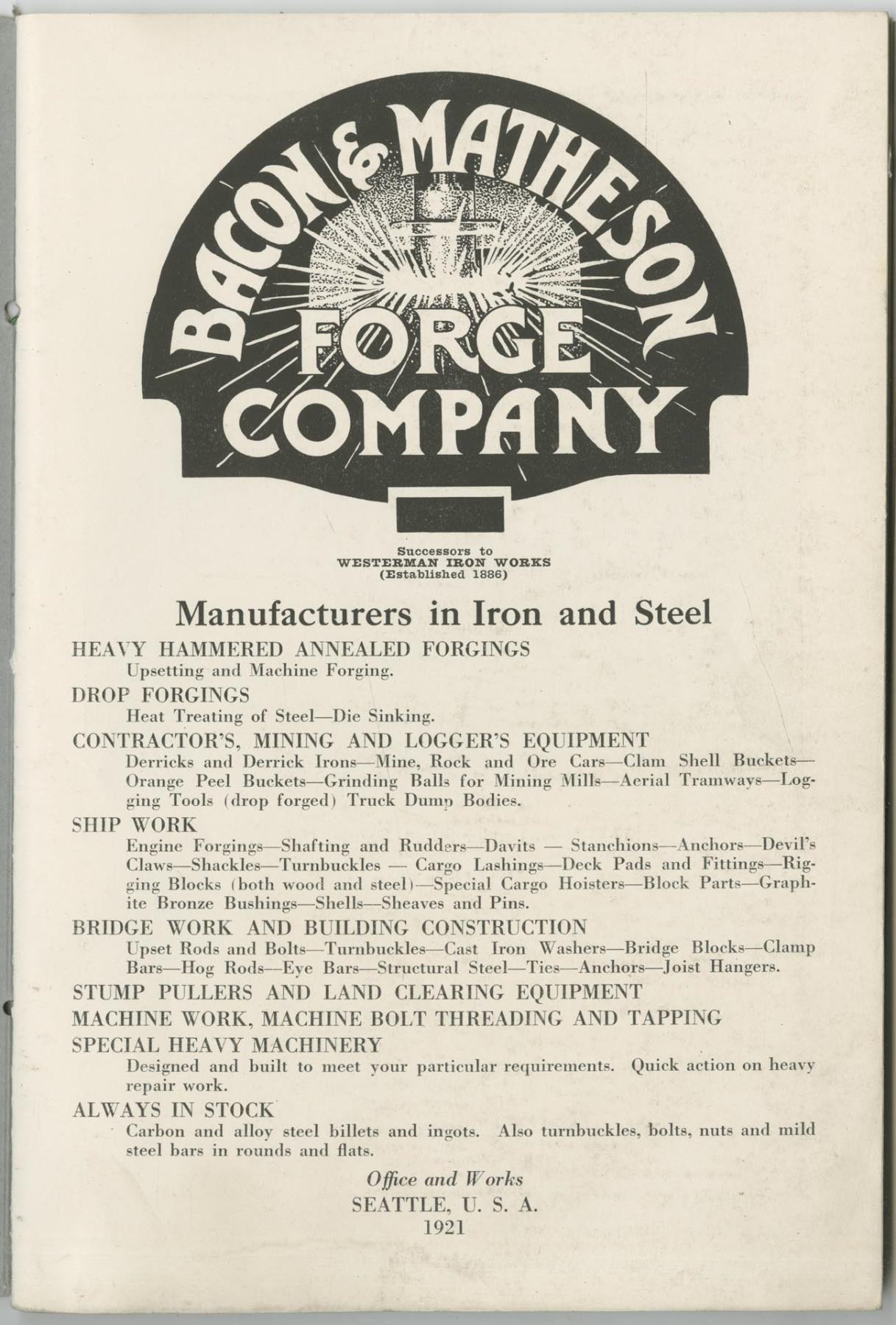 Image of Bacon & Matheson Forge Company, Catalog No. 21, 1921
