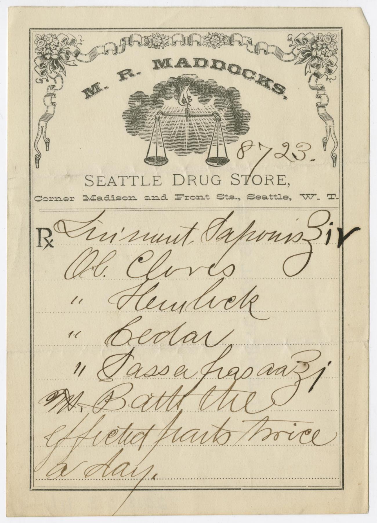 Image of Seattle Drug Store prescription, circa 1880