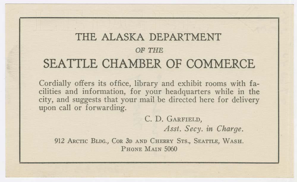 Image of Alaska Department of Seattle Chamber of Commerce card, circa 1925