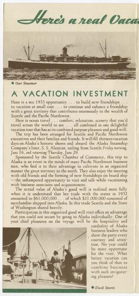 Image of Brochure for Business Friendship Tour of Alaska, June 1933