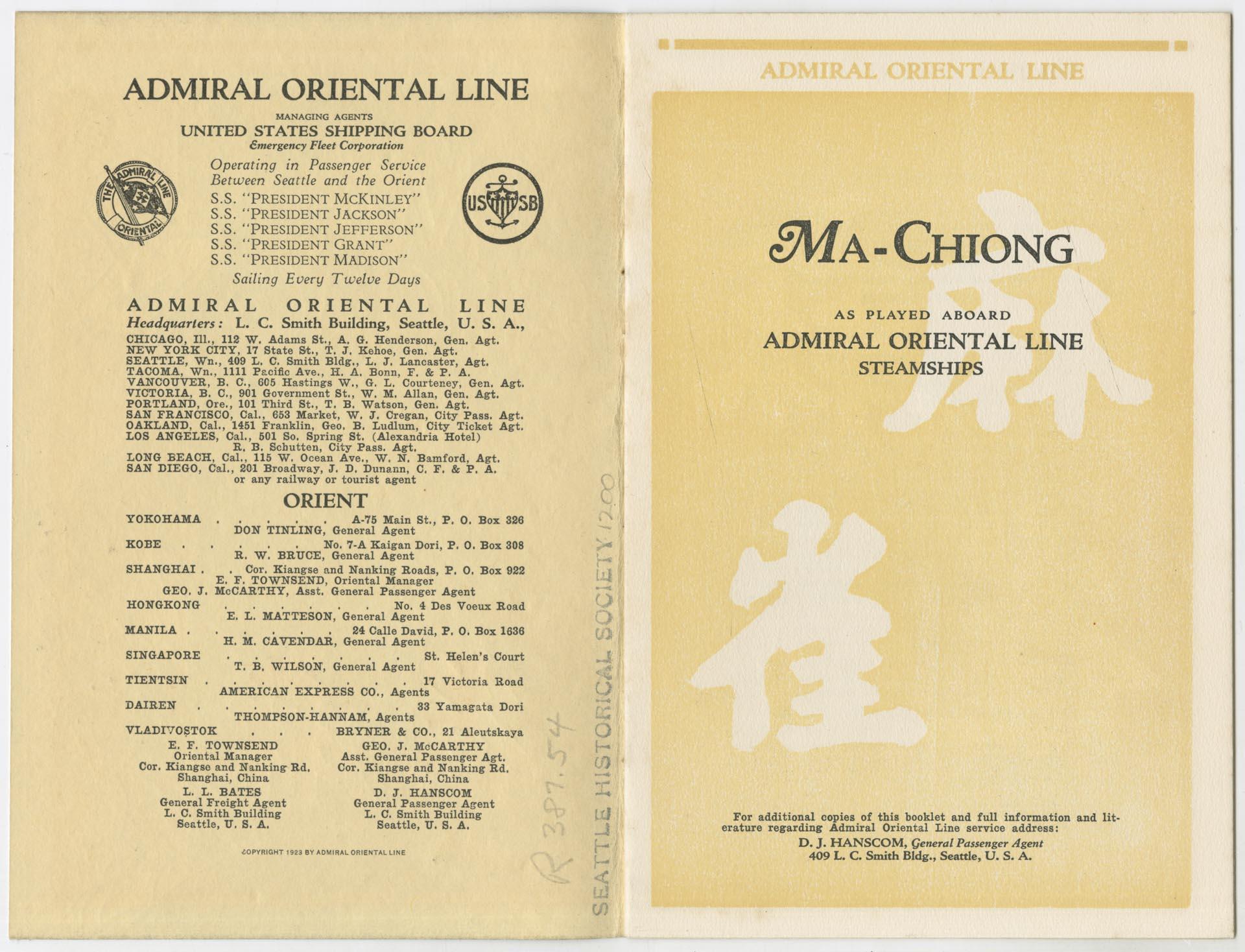 Image of Admiral Oriental Line Ma-Chiong instruction booklet, March 1, 1923