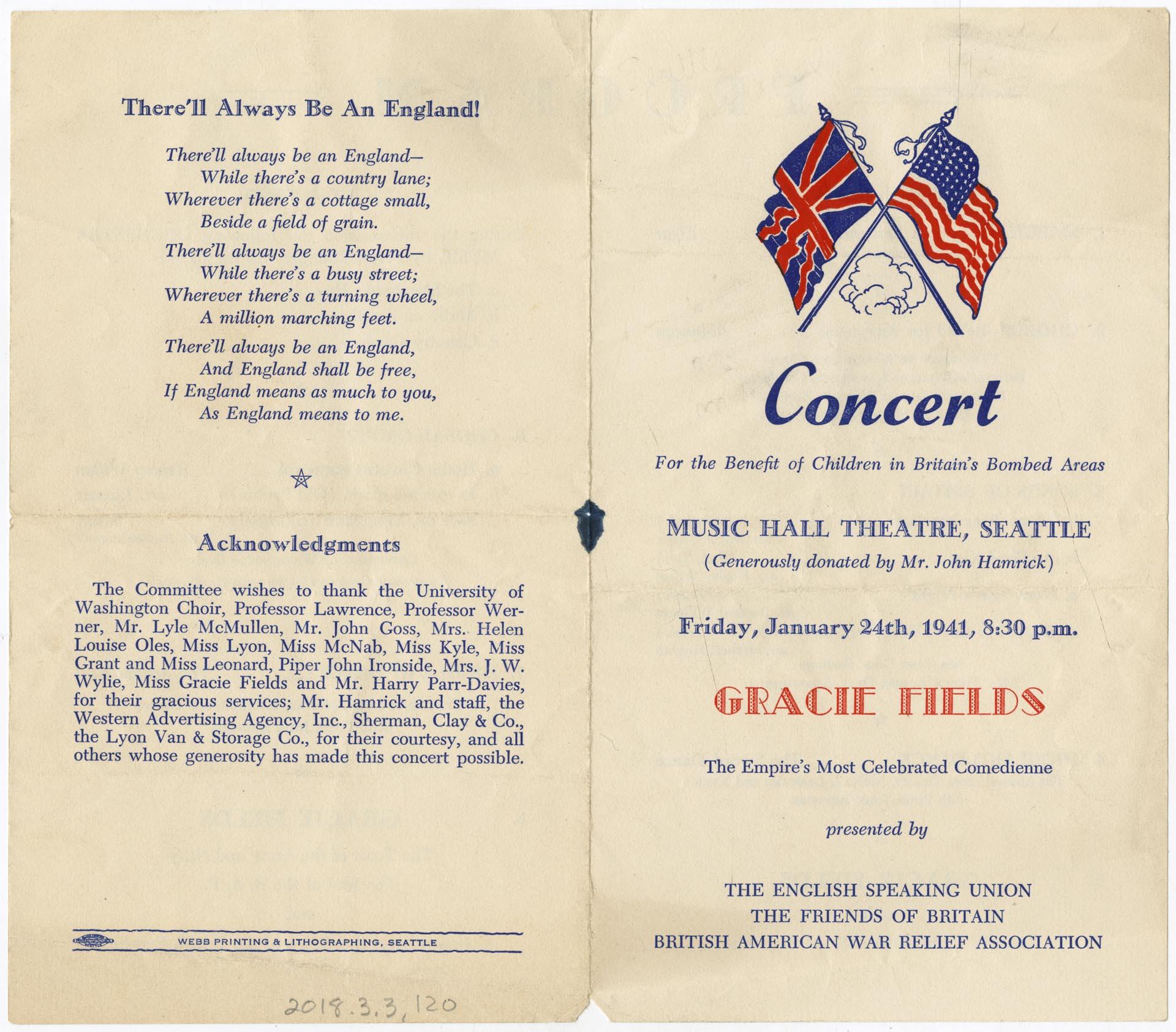 Image of Gracie Fields benefit concert program, January 24, 1941
