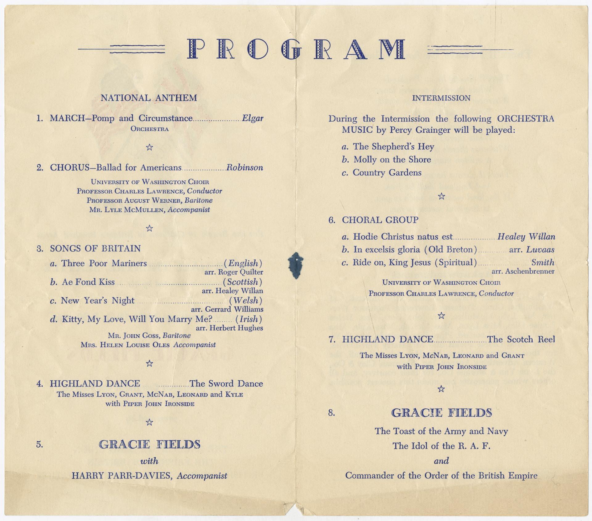 Image of Gracie Fields benefit concert program, January 24, 1941