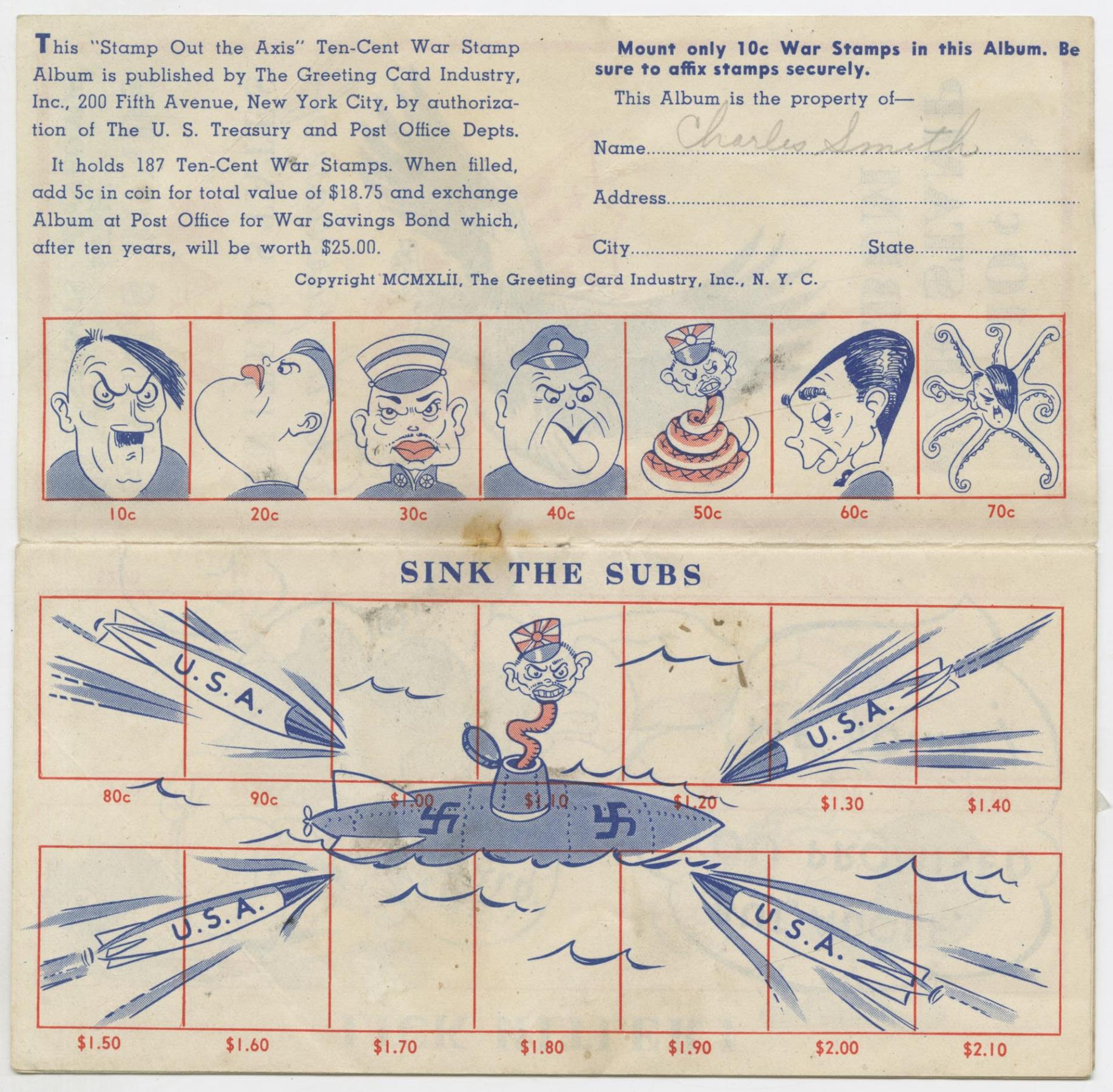 Image of Stamp Out the Axis war savings stamp album, circa 1943
