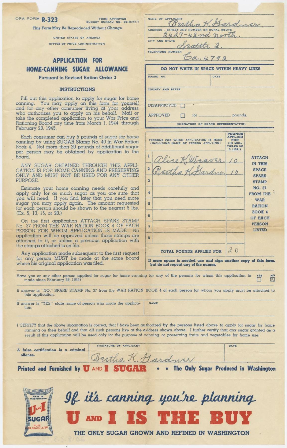 Image of Application for home canning sugar allowance, 1944