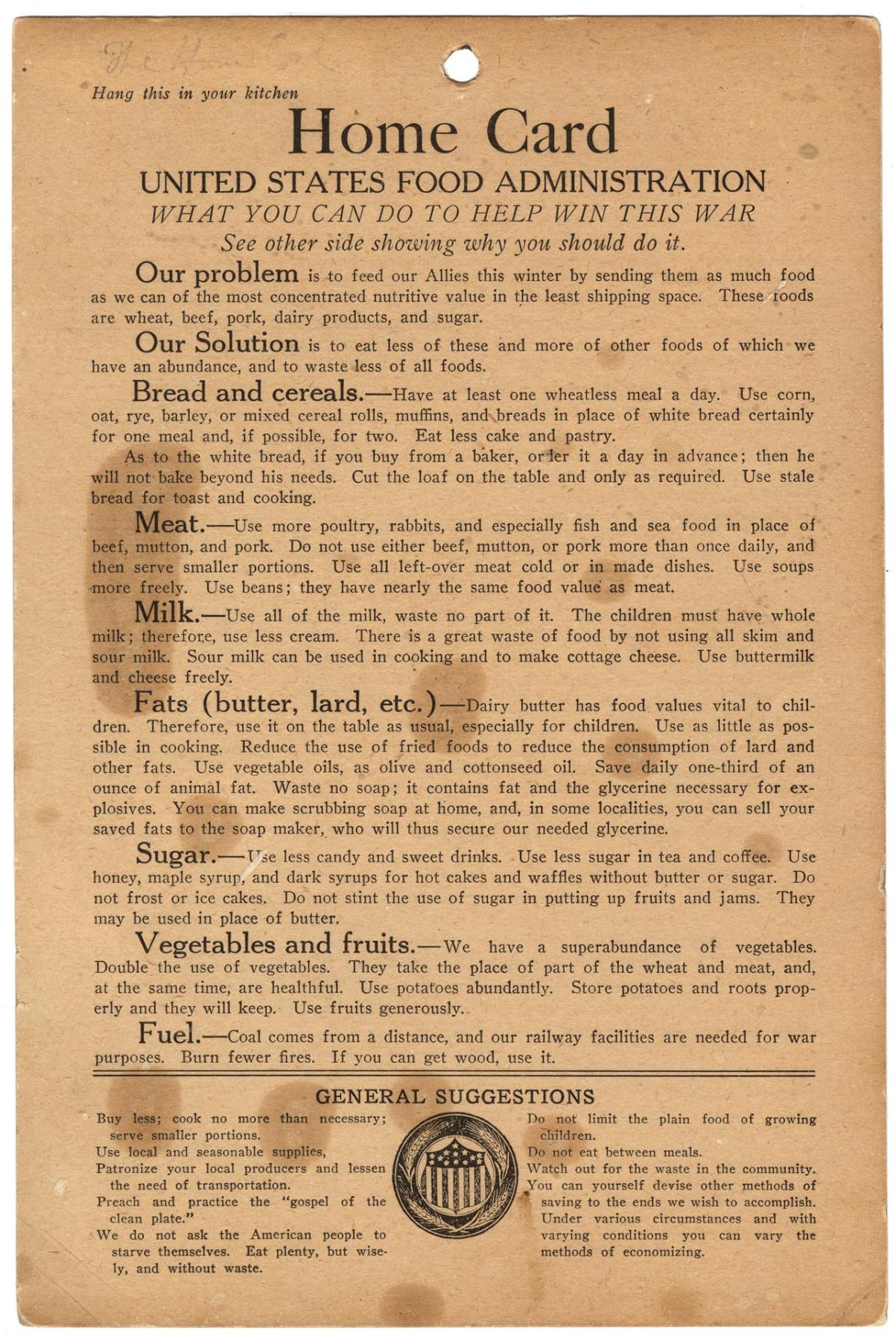 Image of Home card rationing advice, circa 1918