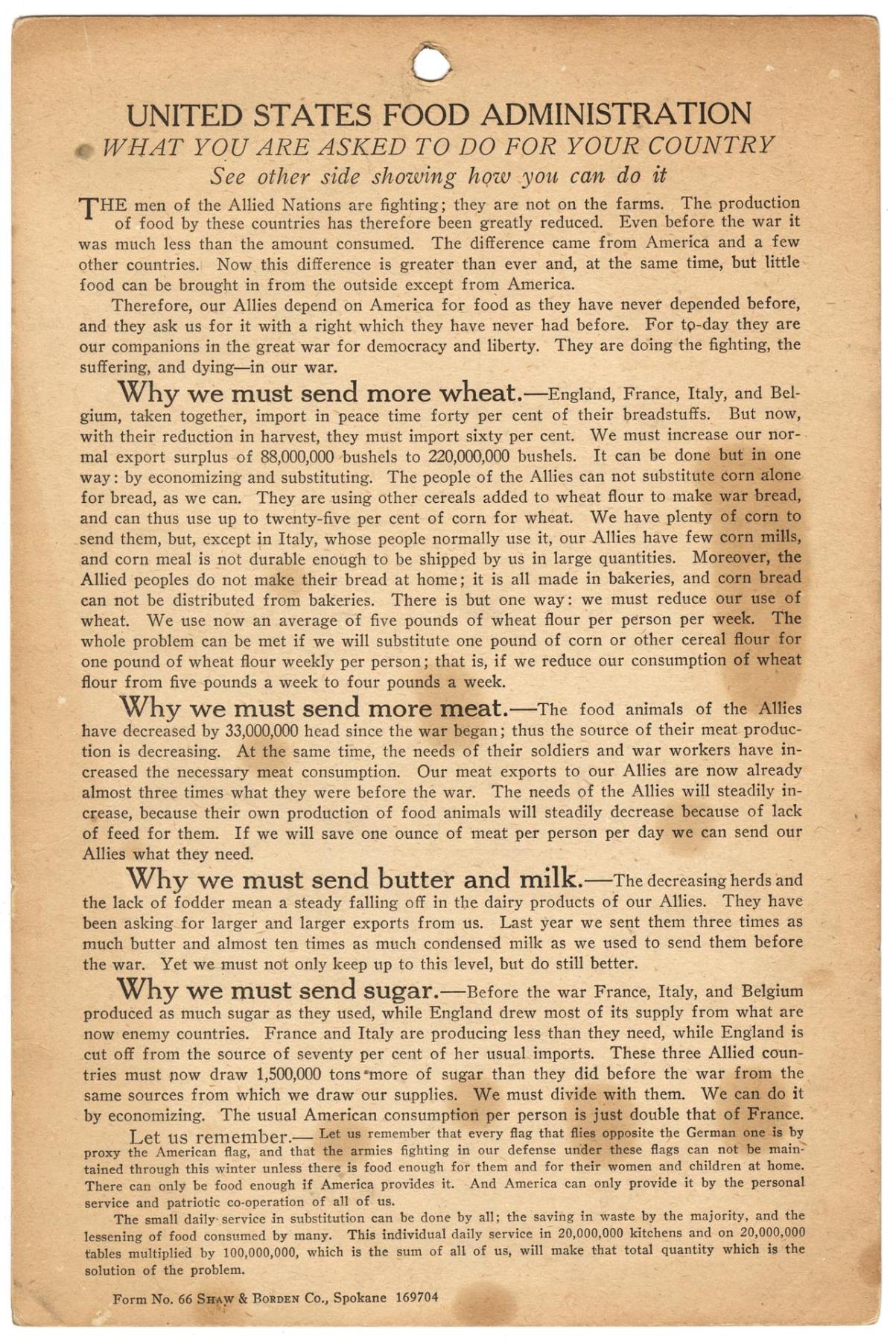 Image of Home card rationing advice, circa 1918