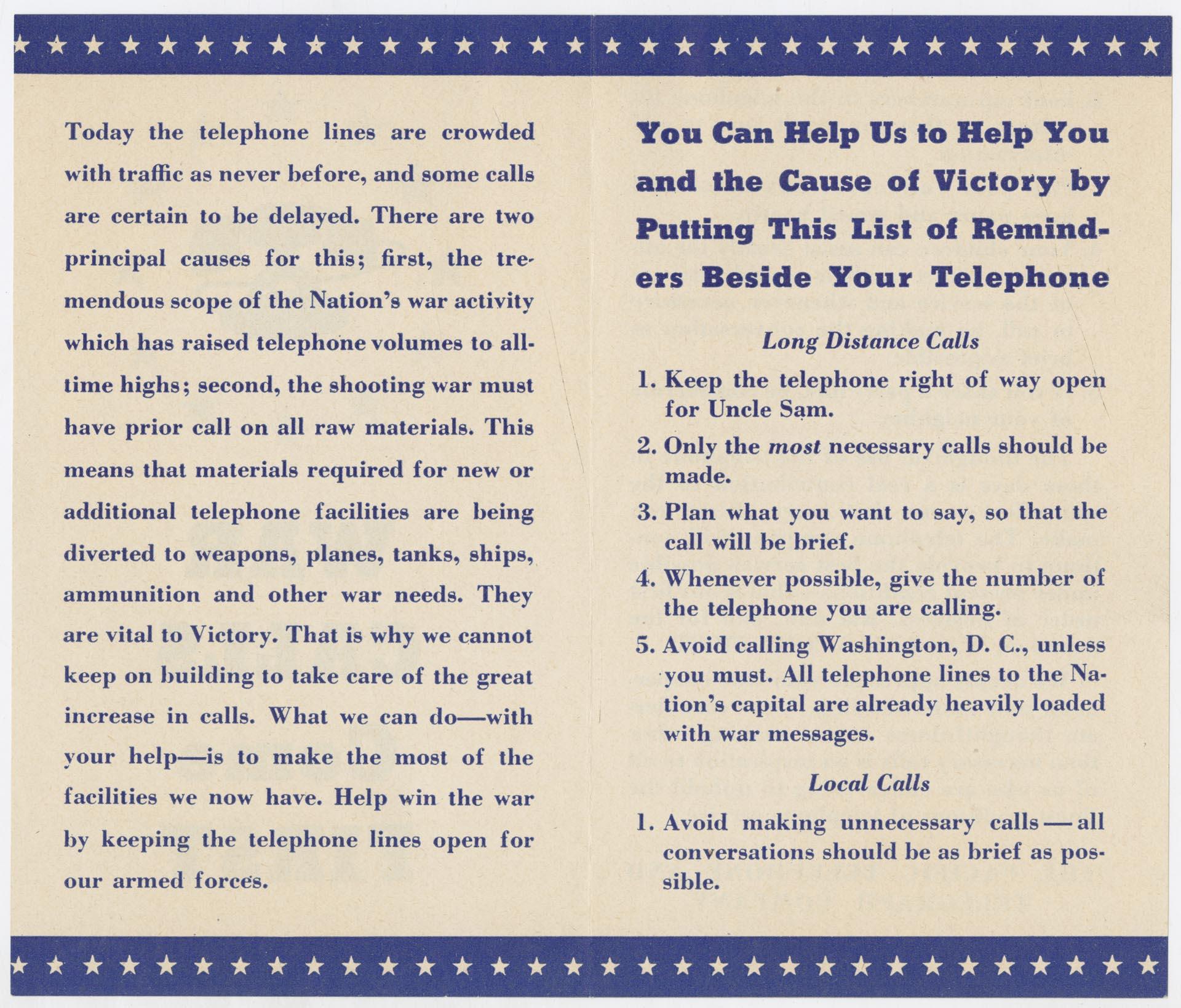 Image of Leaflet on war-time telephone calls, July 1942