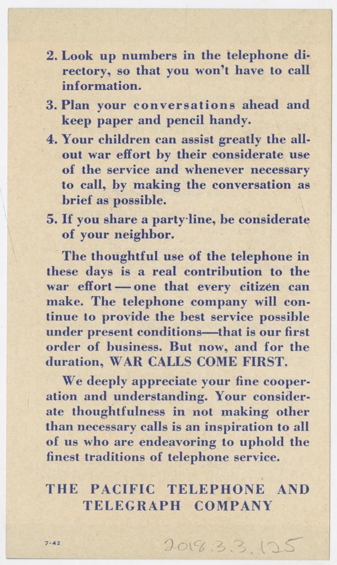 Image of Leaflet on war-time telephone calls, July 1942