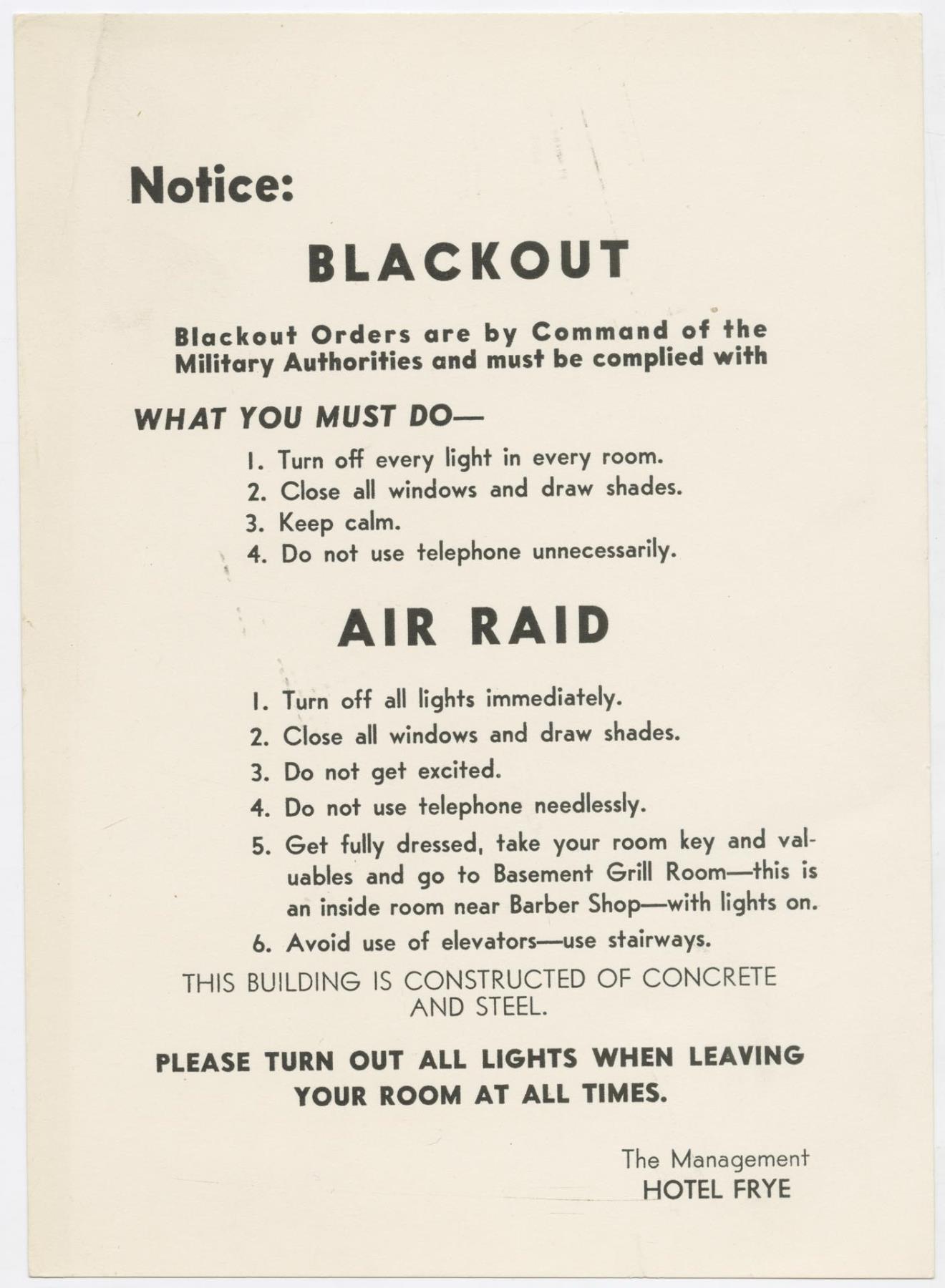 Image of Hotel Frye air raid blackout notice, circa 1943