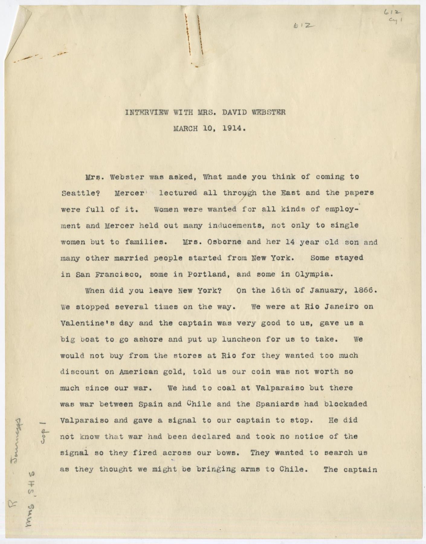 Image of Interview with Mrs. David Webster with letter to Mrs. M.J. Carkeek, Seattle, 1914