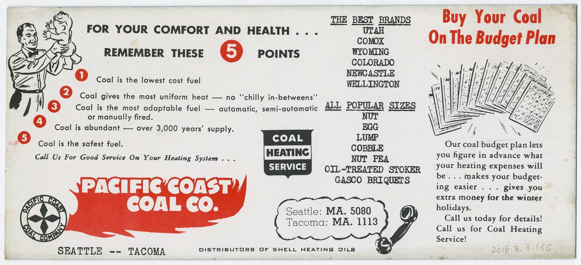 Image of Pacific Coast Coal Co. advertisement blotter, circa 1930