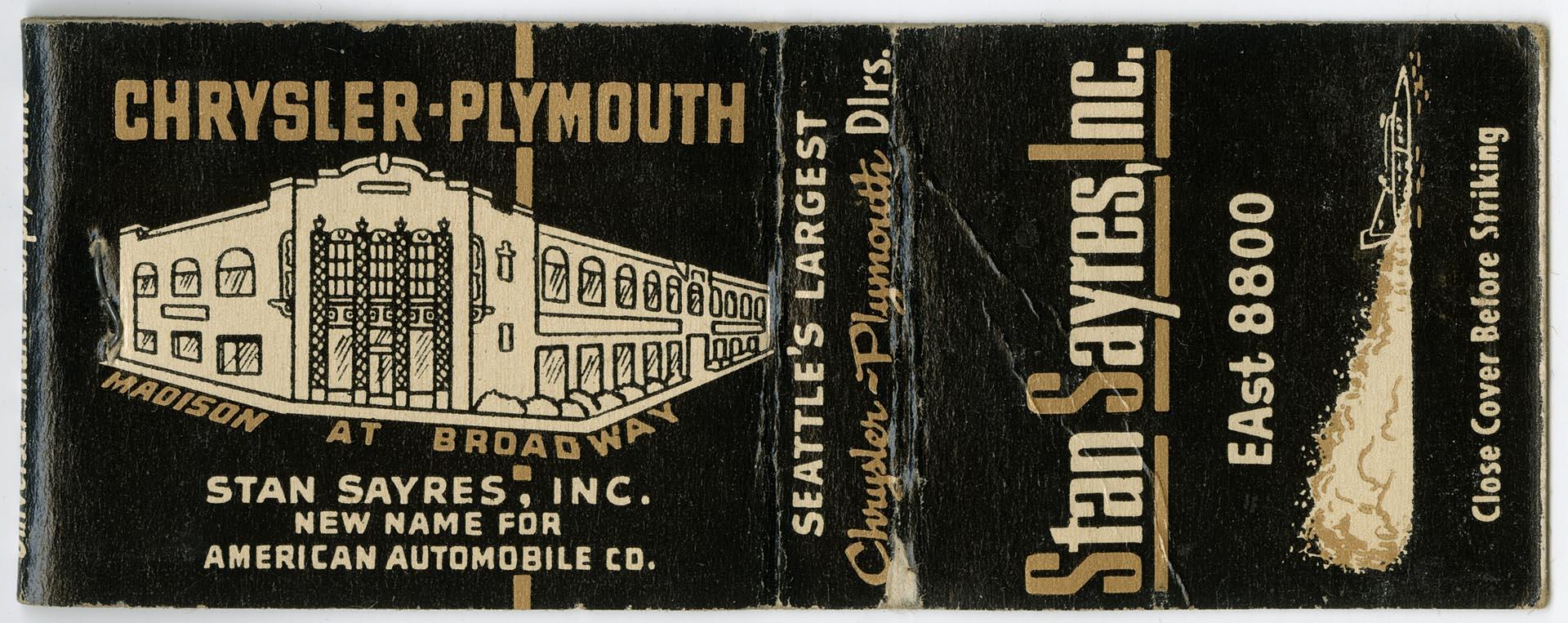 Image of Stan Sayres, Inc., matchbook, circa 1950