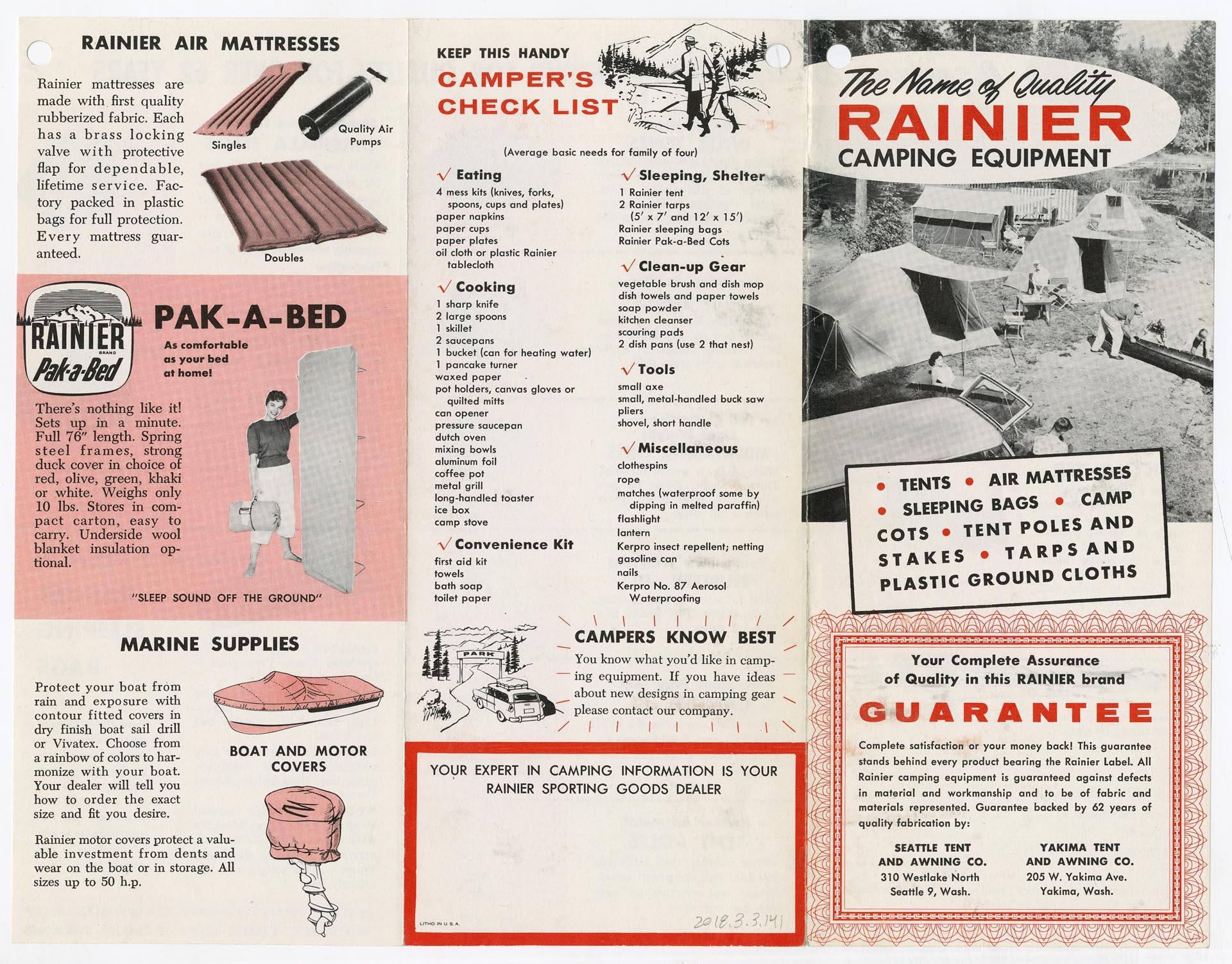 Image of Rainier Camping Equipment brochure, circa 1958