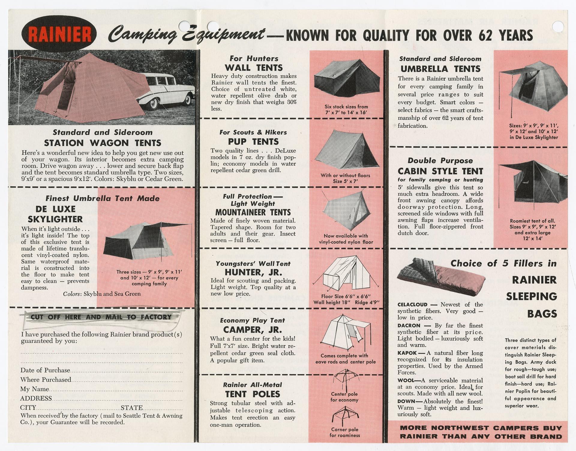 Image of Rainier Camping Equipment brochure, circa 1958