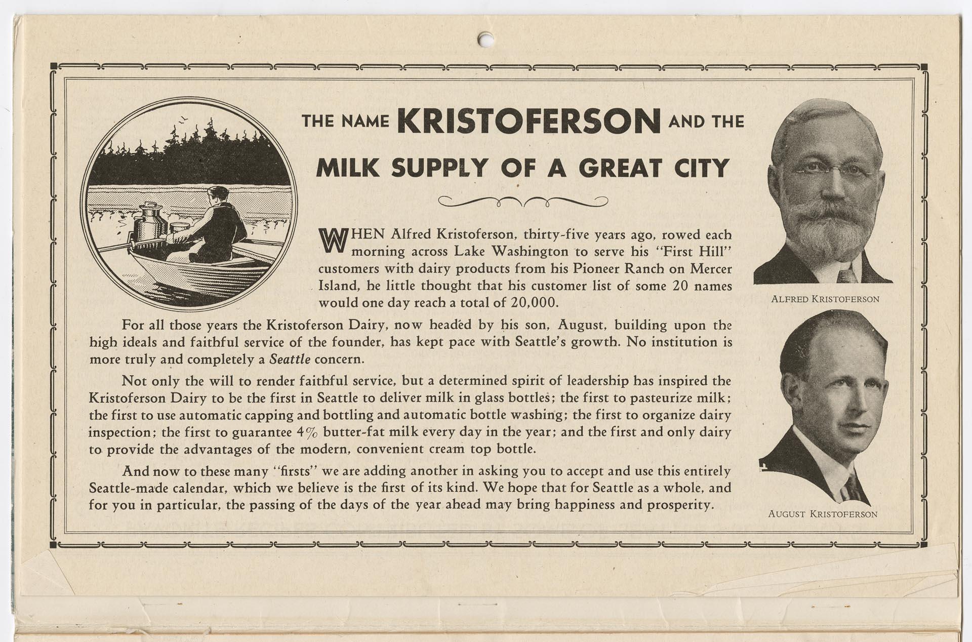 Image of Kristoferson's Dairy calendar, 1933