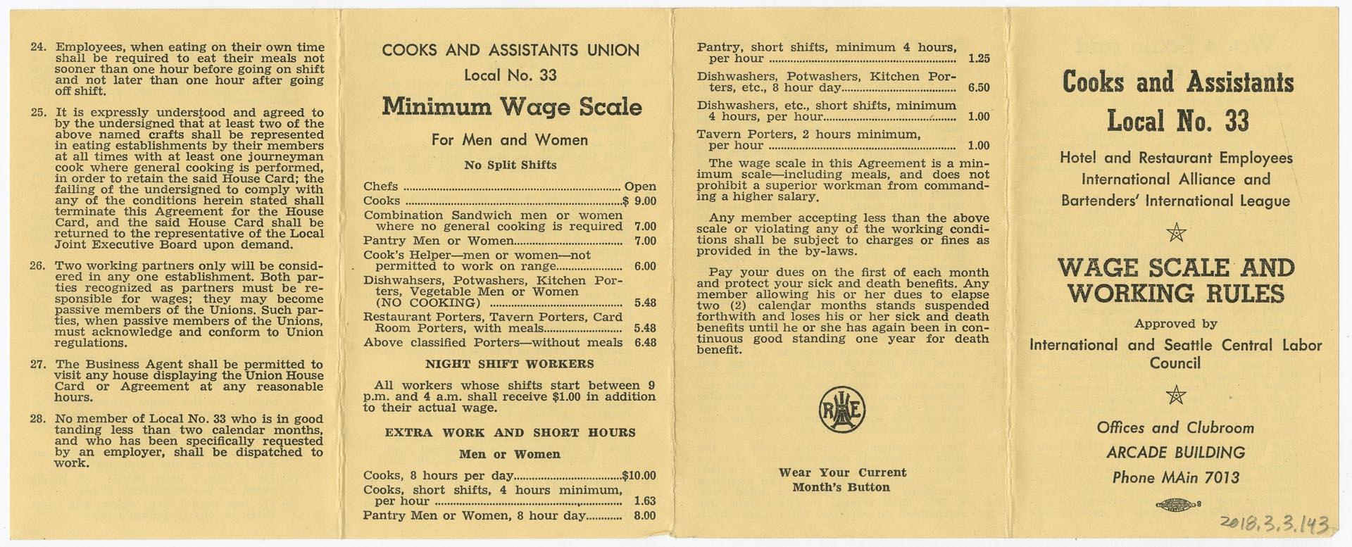 Image of Cooks' and Assistants' Local 33 Wage Scale and Working Rules, June 1, 1945