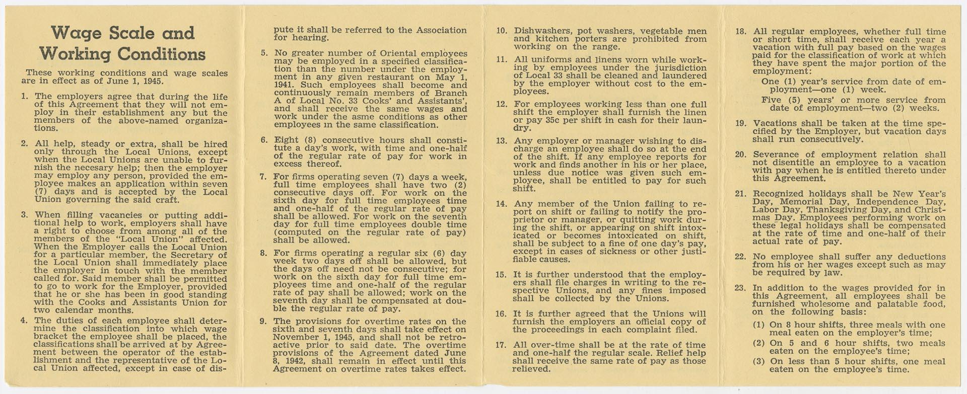 Image of Cooks' and Assistants' Local 33 Wage Scale and Working Rules, June 1, 1945