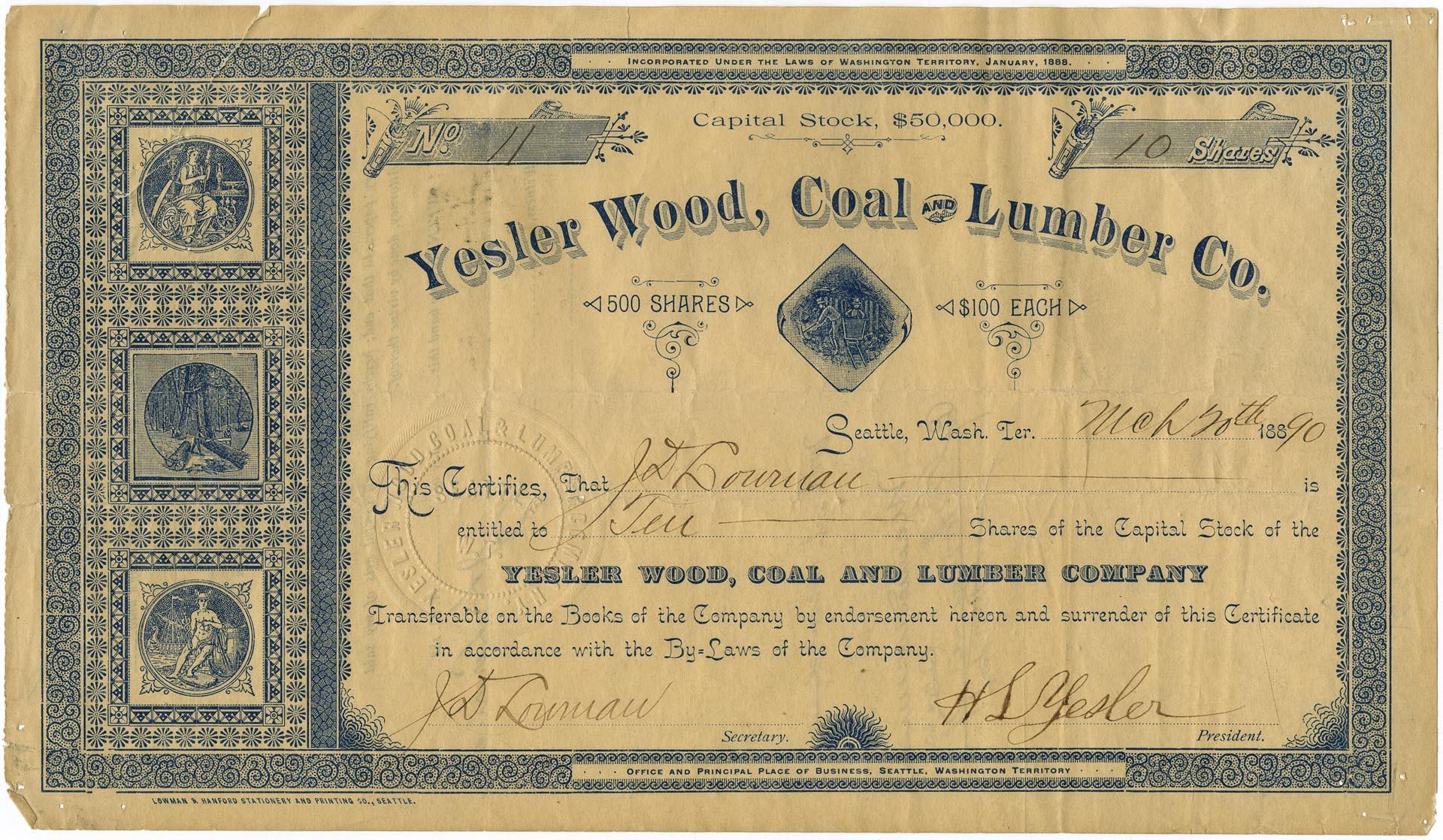 Image of Yesler Wood, Coal, & Lumber Co. stock certificate, 1890