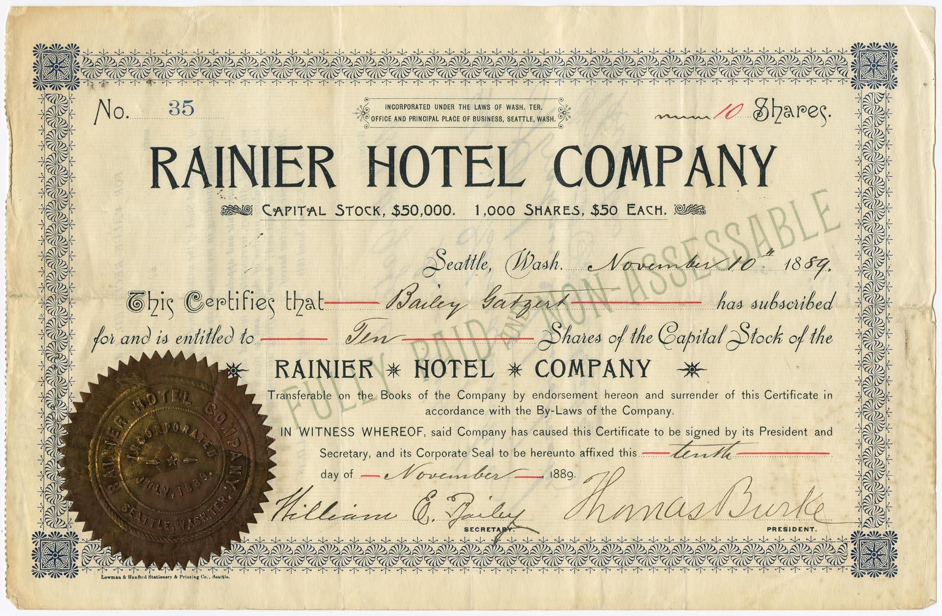 Image of Rainier Hotel Company stock certificate, 1889