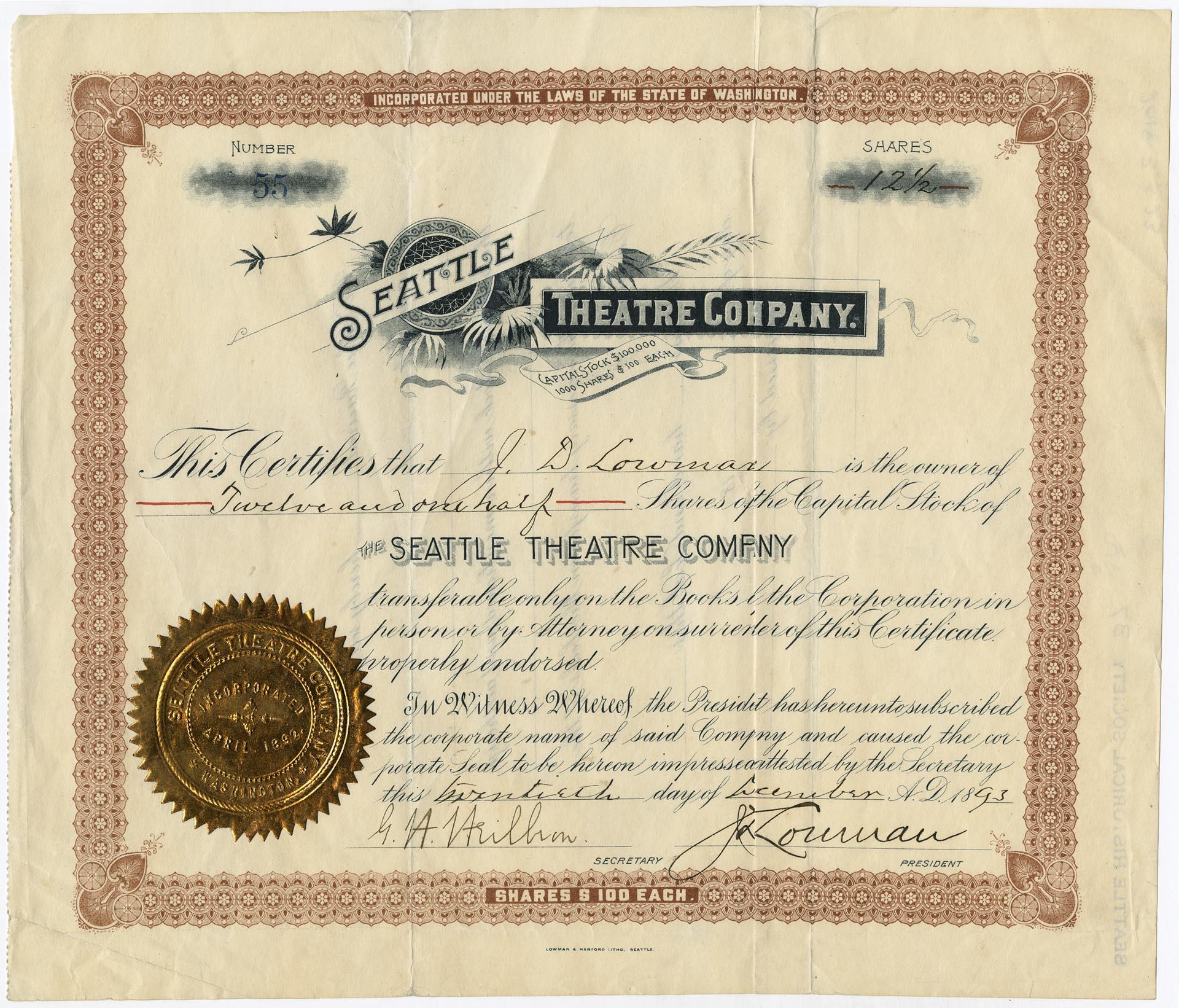 Image of Seattle Theatre Company stock certificate, 1893