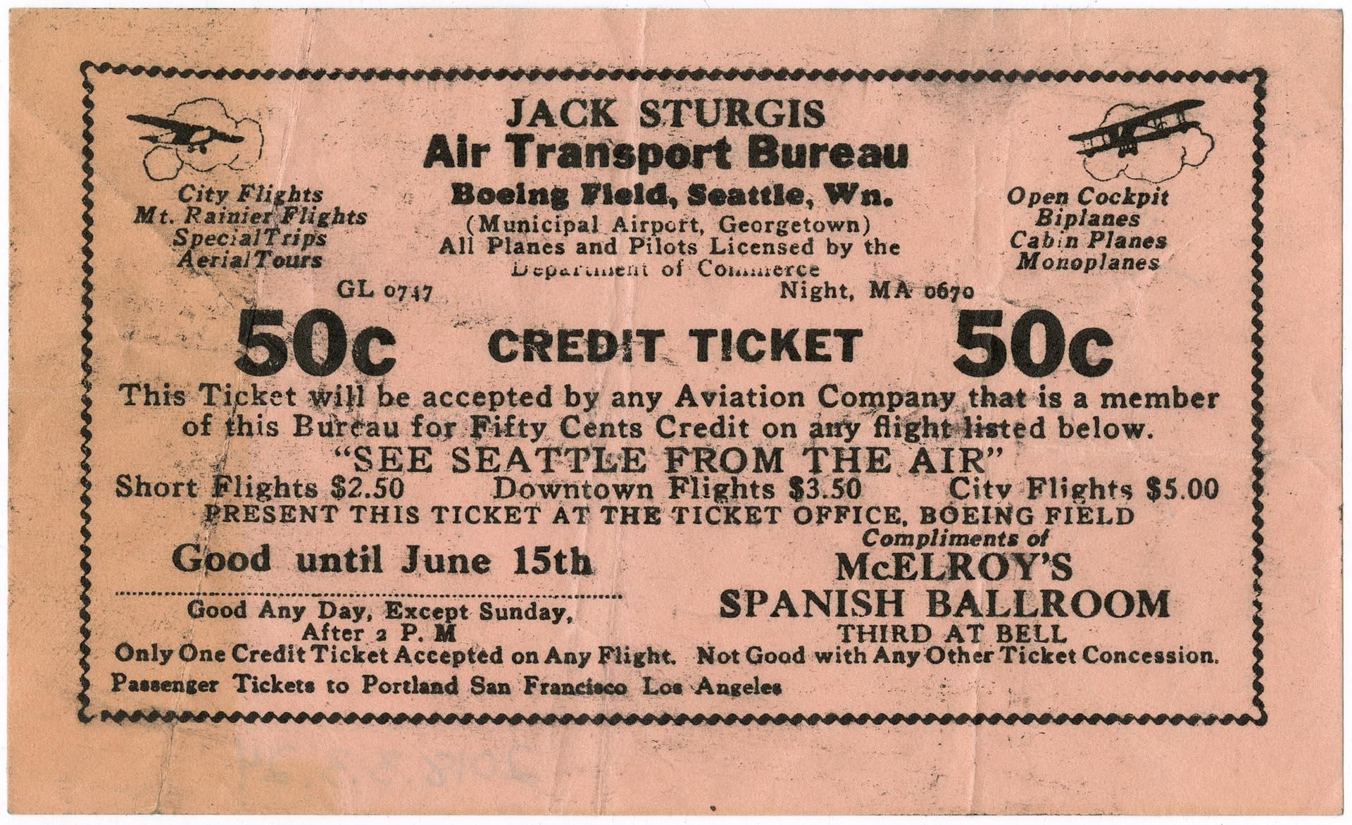Image of Jack Sturgis Air Transport Bureau ticket, circa 1930
