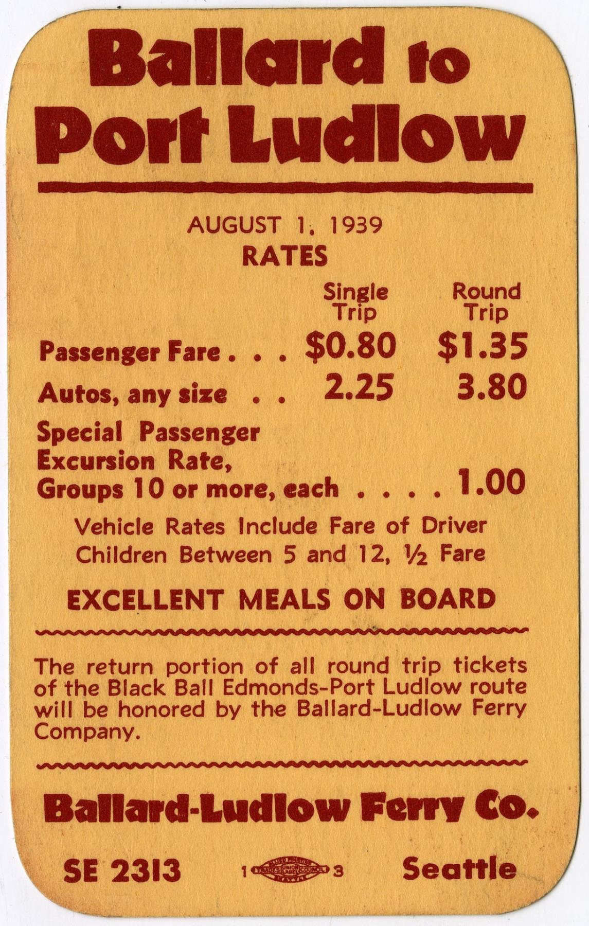 Image of Ballard-Ludlow Ferry Co. ferry schedule, 1939
