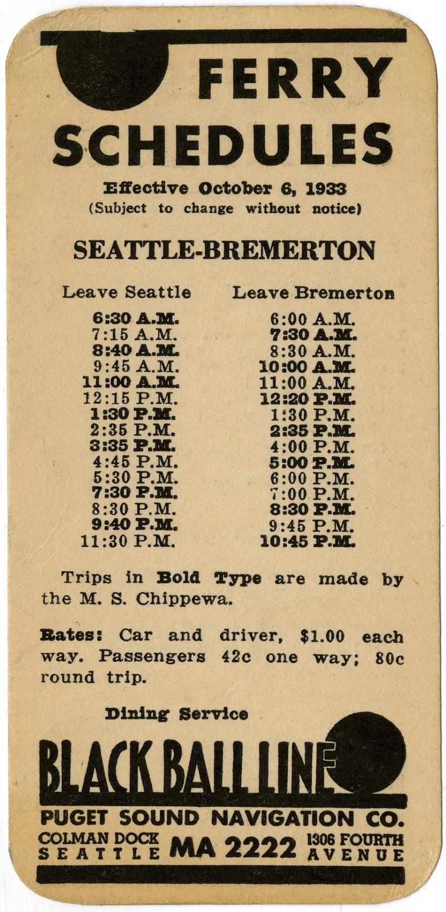 Image of Black Ball Line ferry schedule, 1933