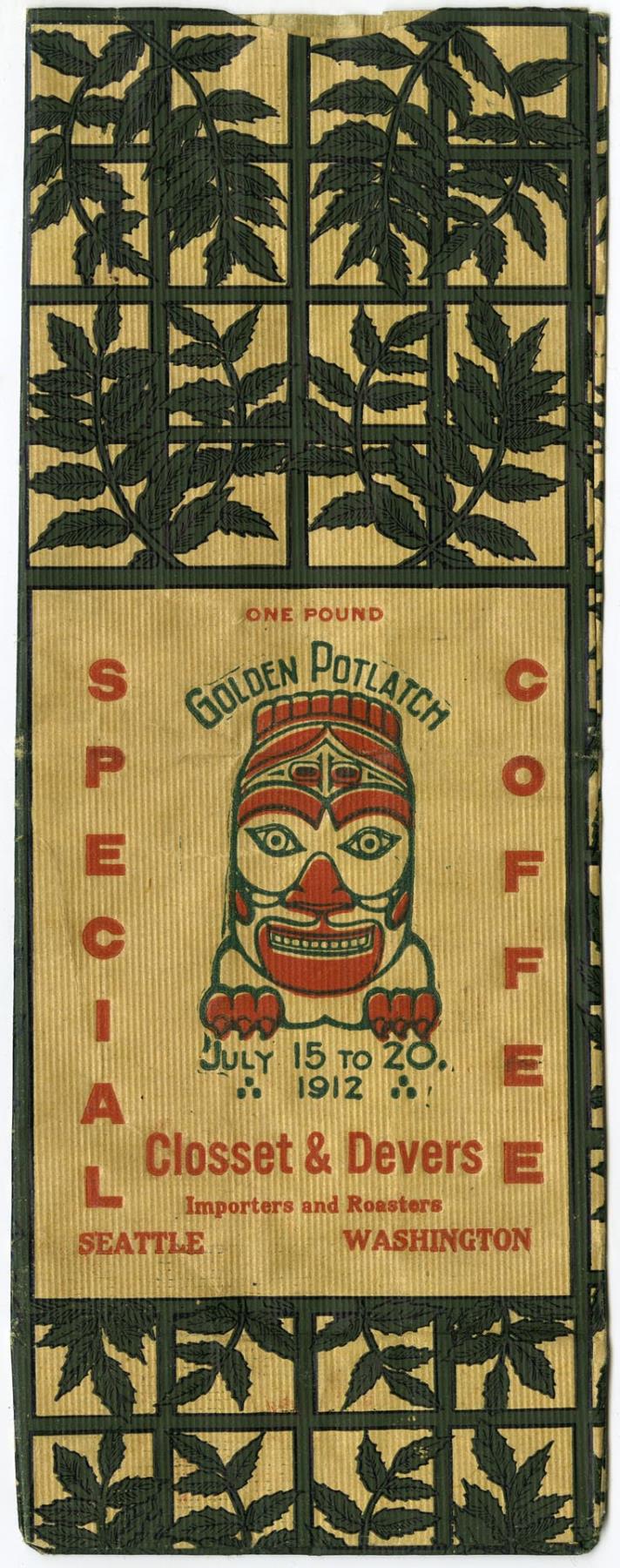 Image of Golden Potlatch themed coffee bag, 1912