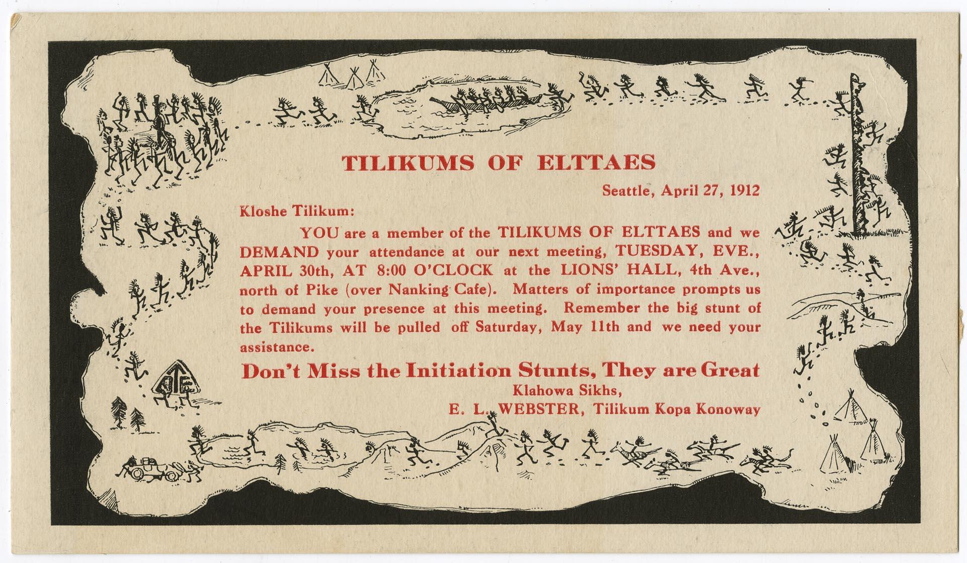 Image of Tilikums of Elttaes invitation, 1912