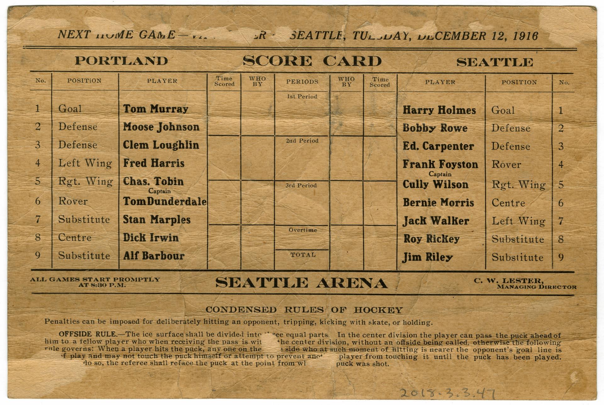 Image of Seattle Metropolitans hockey score card, December 5, 1916