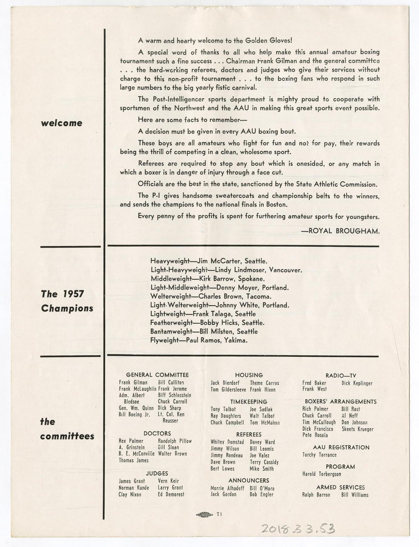 Image of Golden Gloves program, February 1958