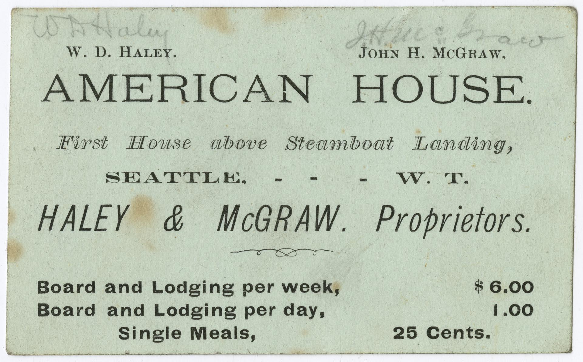 Image of American House business card, circa 1877