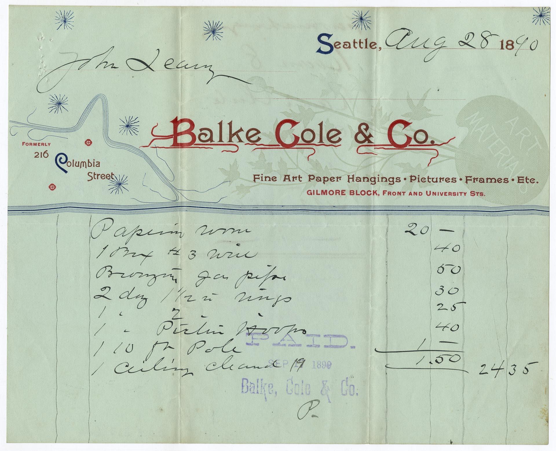 Image of Balke, Cole, & Co. account statement, August 28, 1890