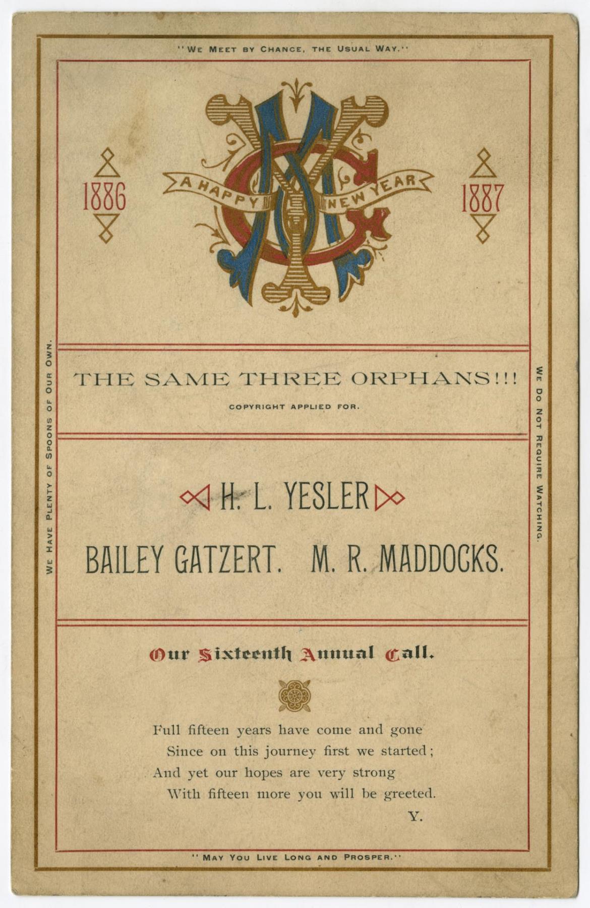 Image of New Year's Day greeting card, January 1, 1887