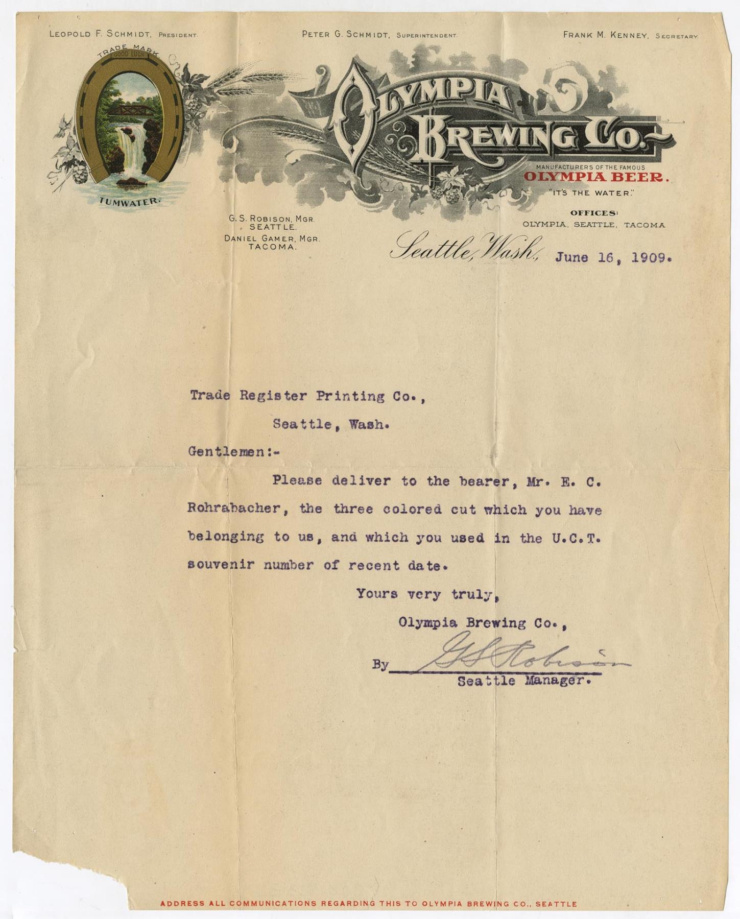 Image of Olympia Brewery letterhead, June 16, 1909