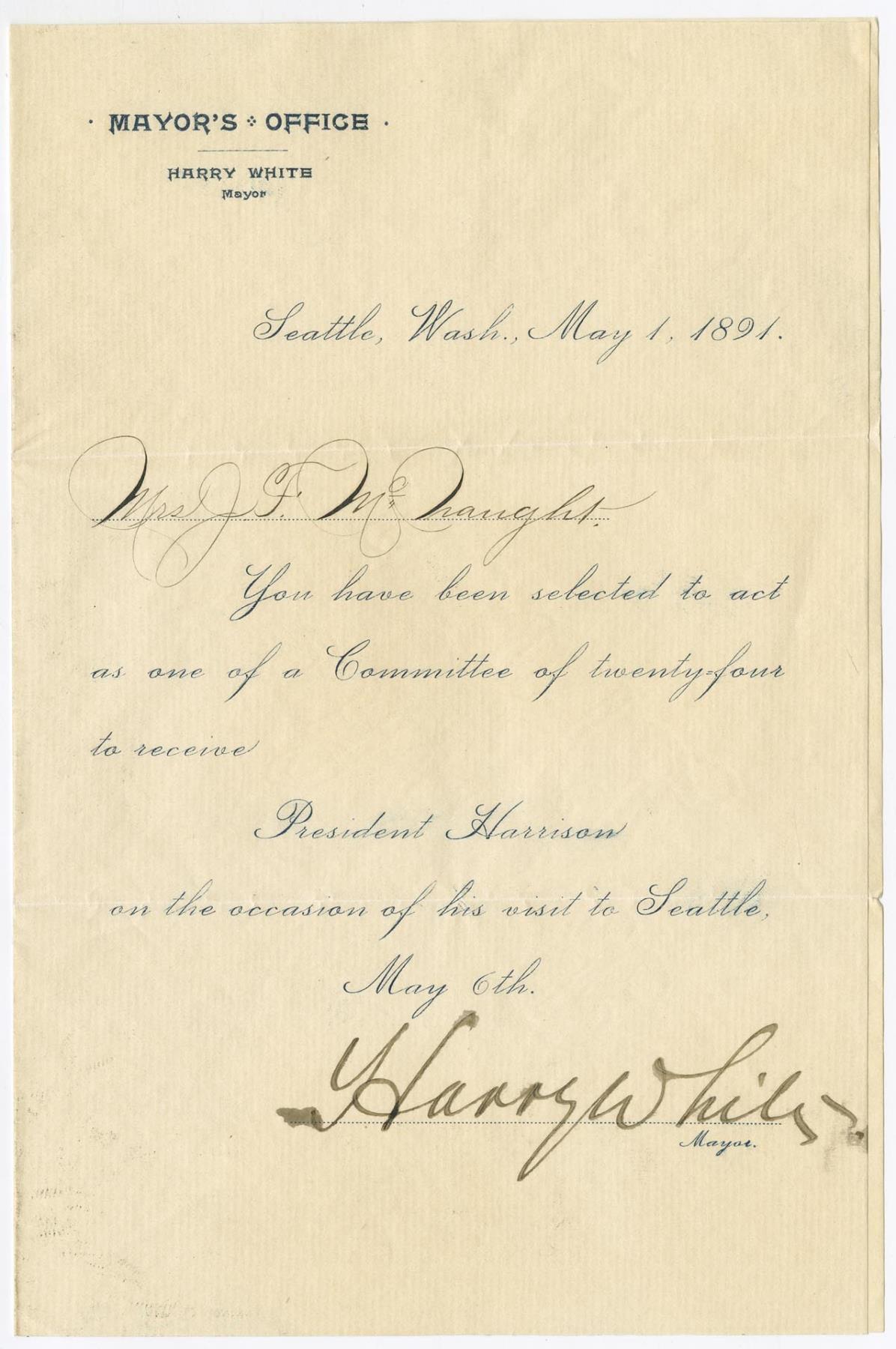 Image of Invitation to reception for President Harrison, May 1, 1891