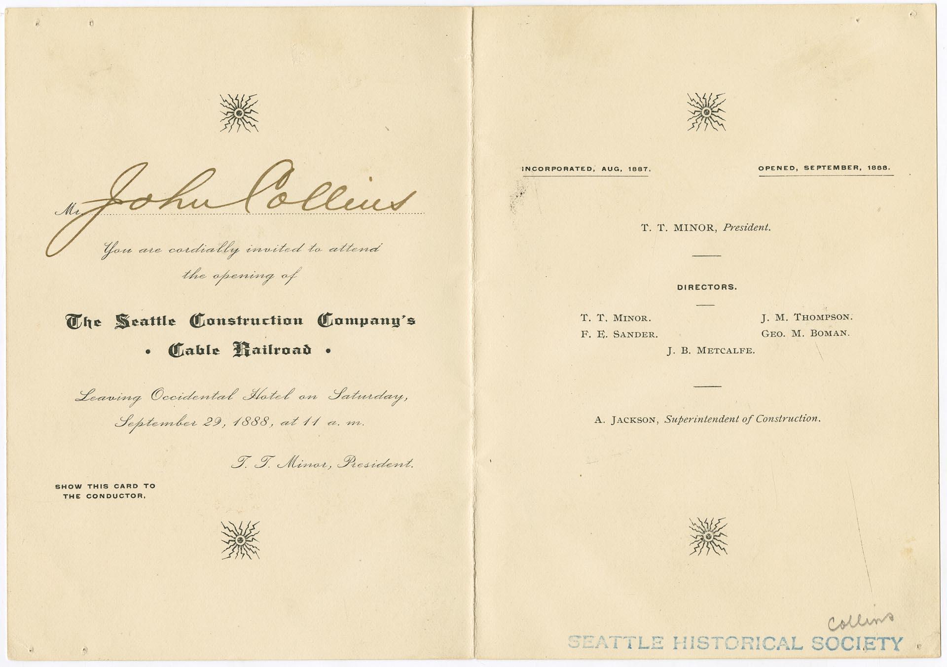 Image of Invitation to opening of Cable Railroad, September 29, 1888