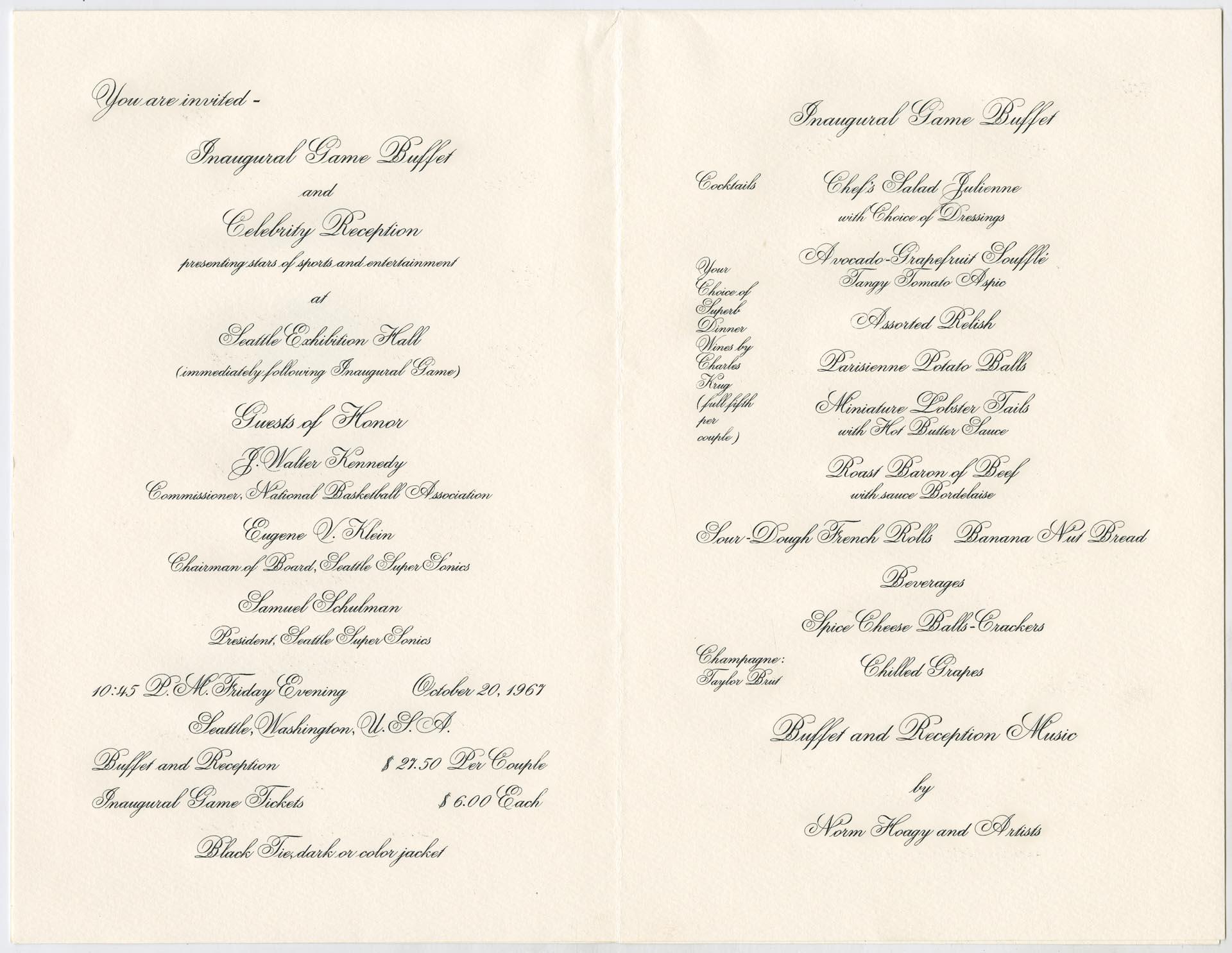 Image of Super Sonics inaugural game reception invitation, October 20, 1967