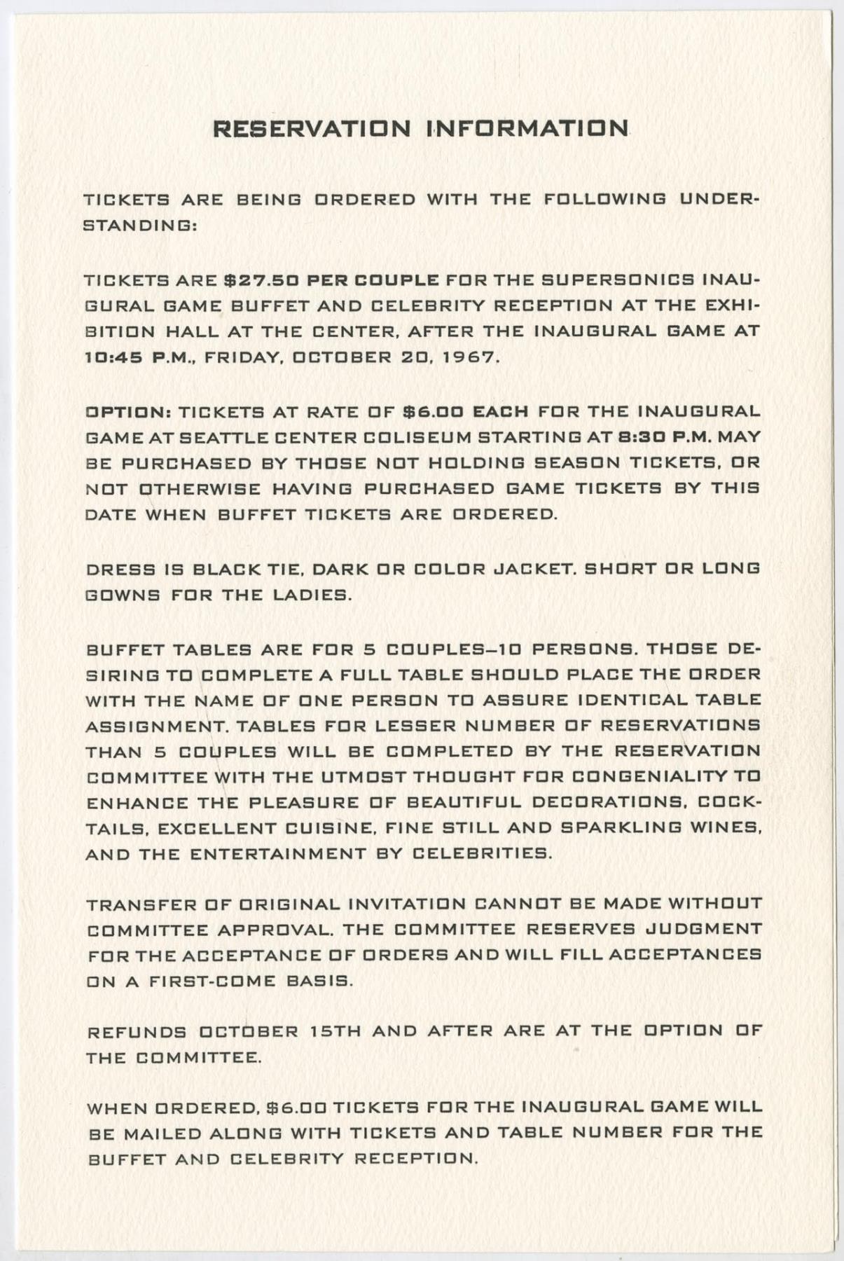 Image of Super Sonics inaugural game reception invitation, October 20, 1967