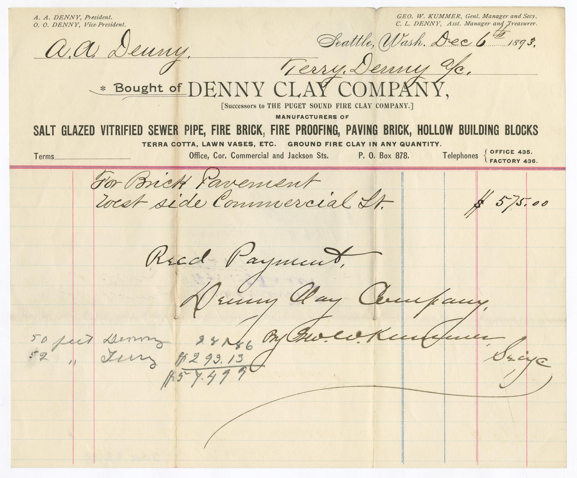 Image of Denny Clay Company receipt, December 6, 1893