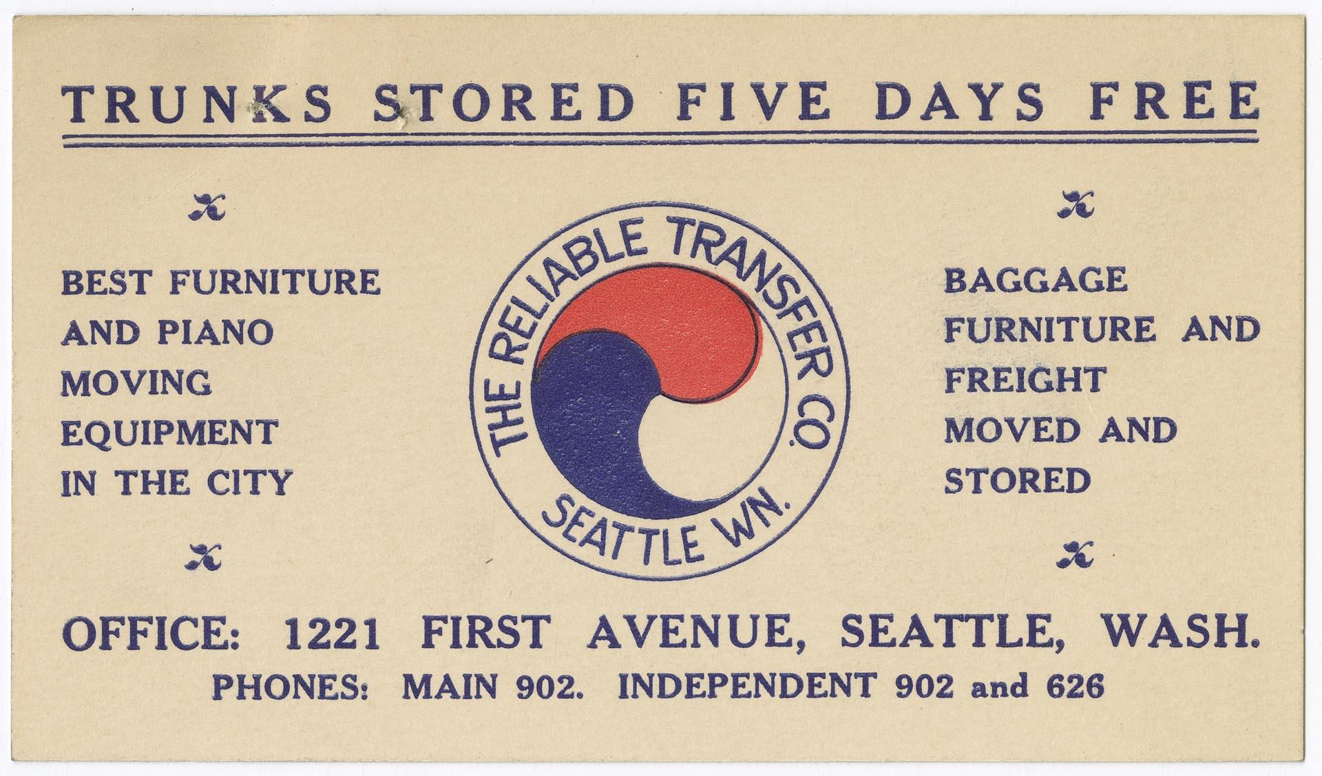 Image of The Reliable Transfer Co. business card, circa 1910