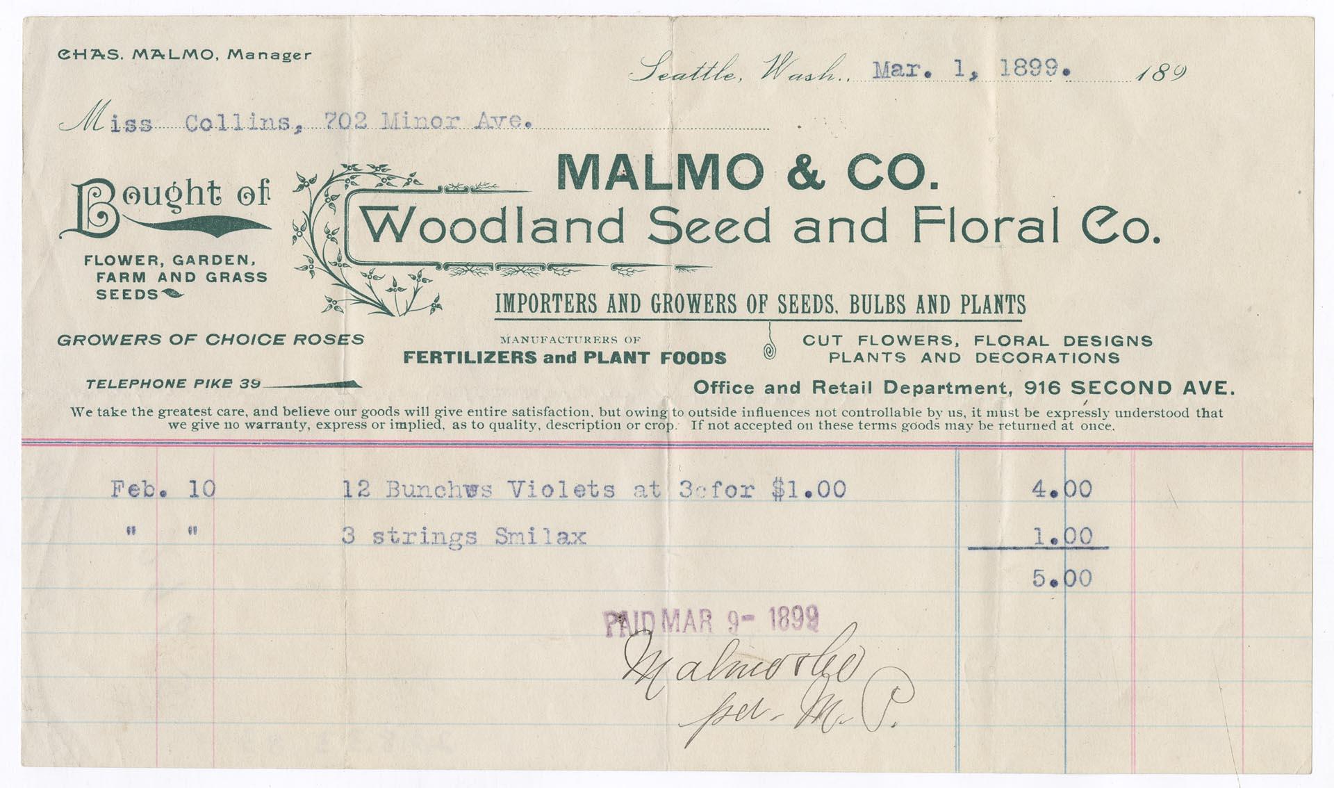 Image of Malmo & Co. receipt, 1899