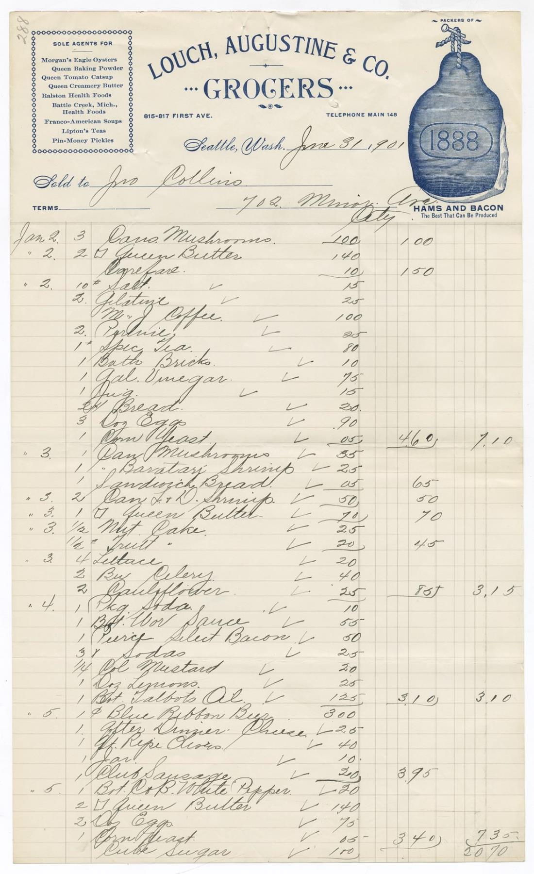 Image of Louch, Augustine & Co. grocery bill, January 31, 1901